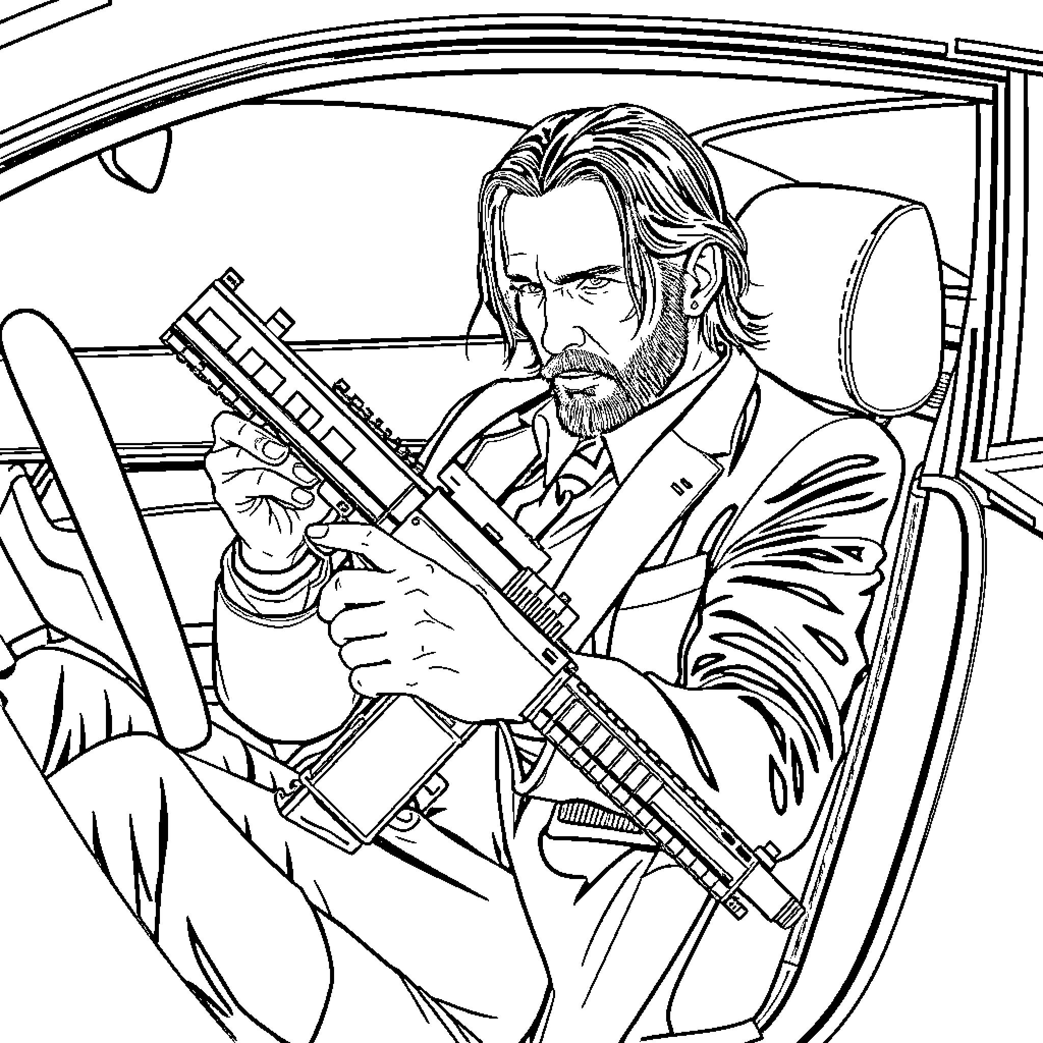 John Wick armed and focused in car Coloring Page (free black-and-white line drawing printable PDF for all, from beginners to advanced learners, including children, teens, adults, and seniors)