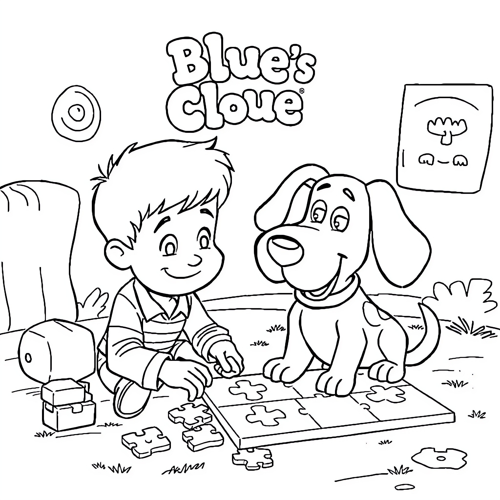 Blue's Clue with Boy and Dog Solving Puzzle Coloring Page (free black-and-white line drawing printable PDF for all, from beginners to advanced learners, including children, teens, adults, and seniors)