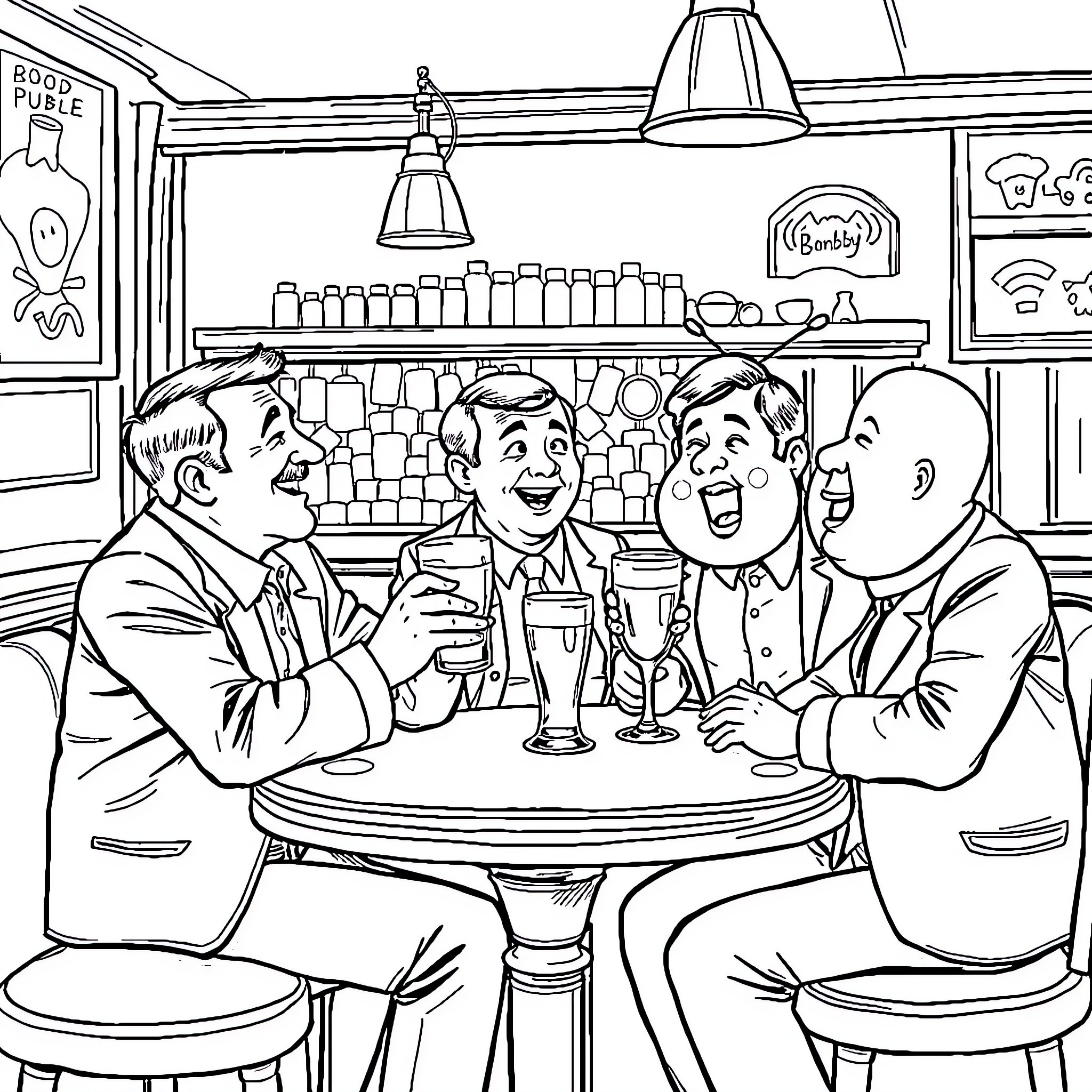 Jack and Victor enjoying drinks with friends at the pub Coloring Page (free black-and-white line drawing printable PDF for all, from beginners to advanced learners, including children, teens, adults, and seniors)