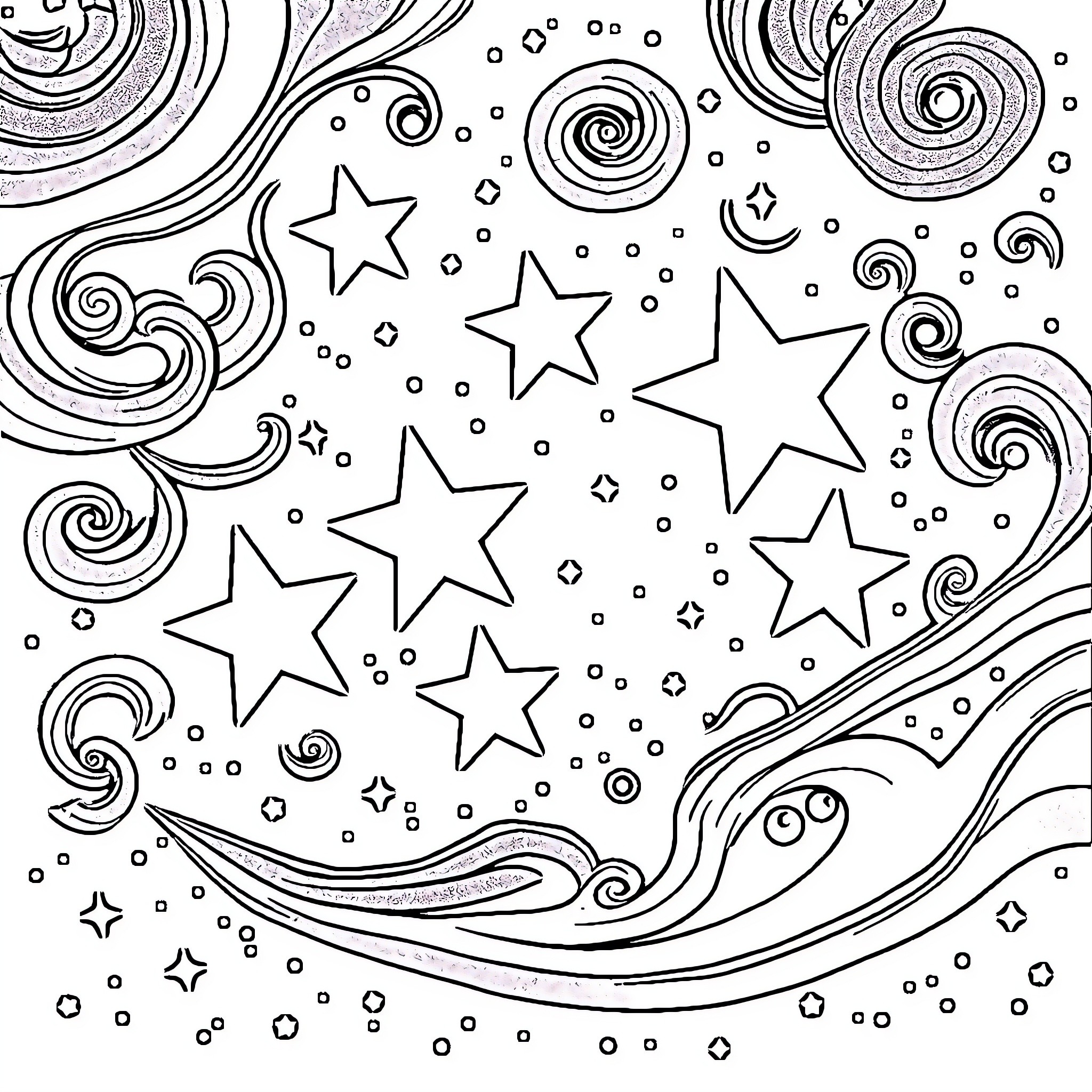Star-filled Celestial Swirls Coloring Page (free black-and-white line drawing printable PDF for all, from beginners to advanced learners, including children, teens, adults, and seniors)