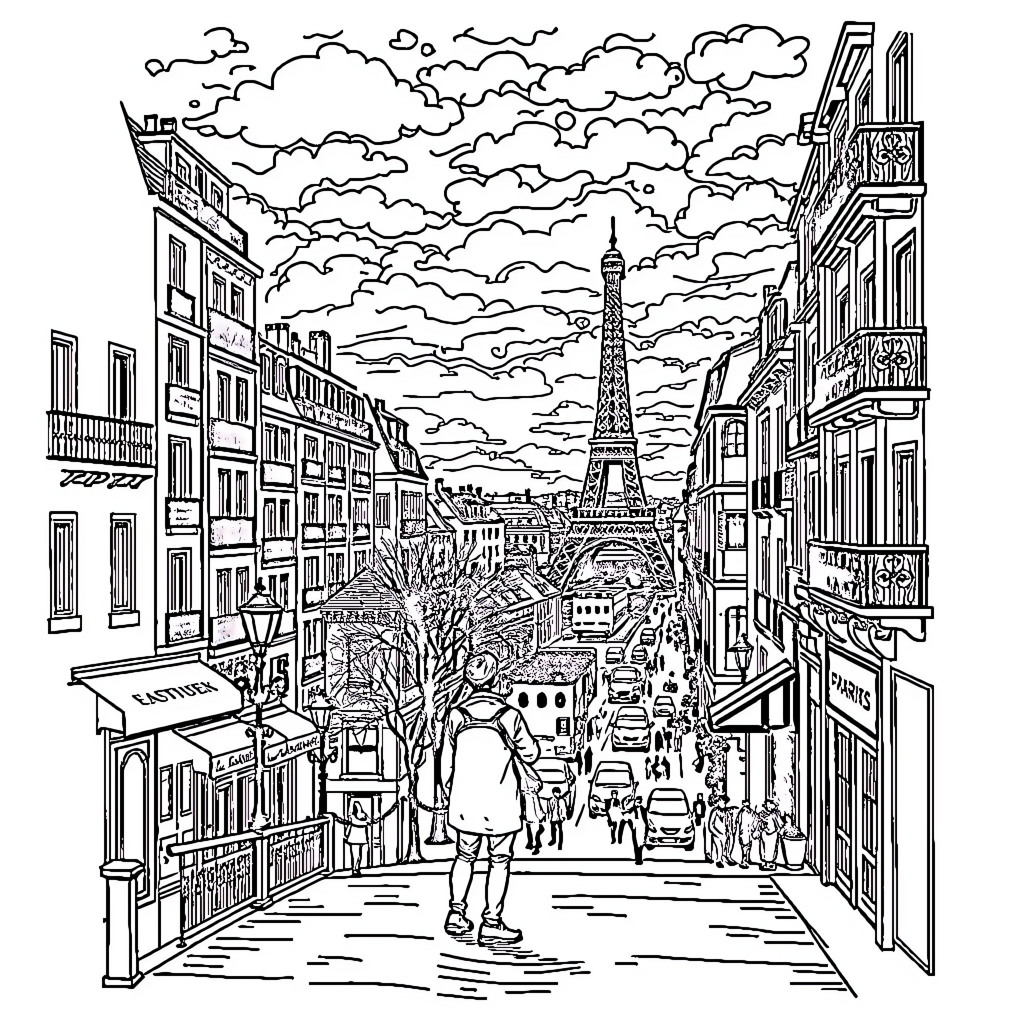 Paris street scene with Eiffel Tower and busy crowds Coloring Page (free black-and-white line drawing printable PDF for all, from beginners to advanced learners, including children, teens, adults, and seniors)