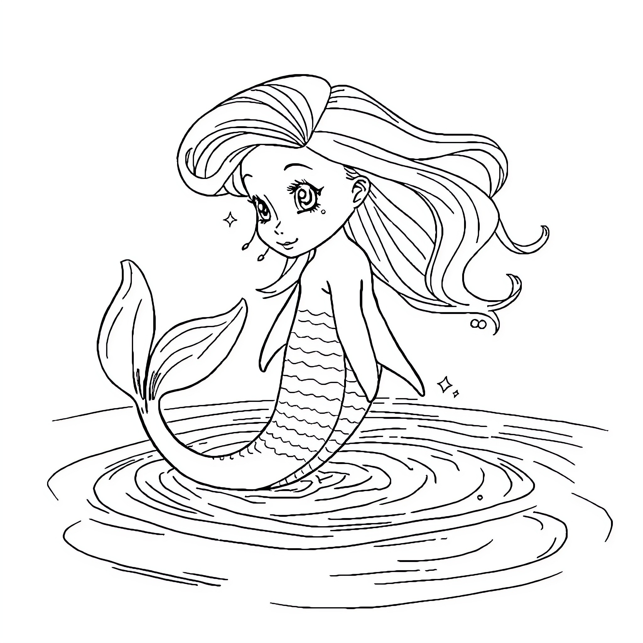 Mermaid swimming joyfully in the ocean Coloring Page (free black-and-white line drawing printable PDF for all, from beginners to advanced learners, including children, teens, adults, and seniors)