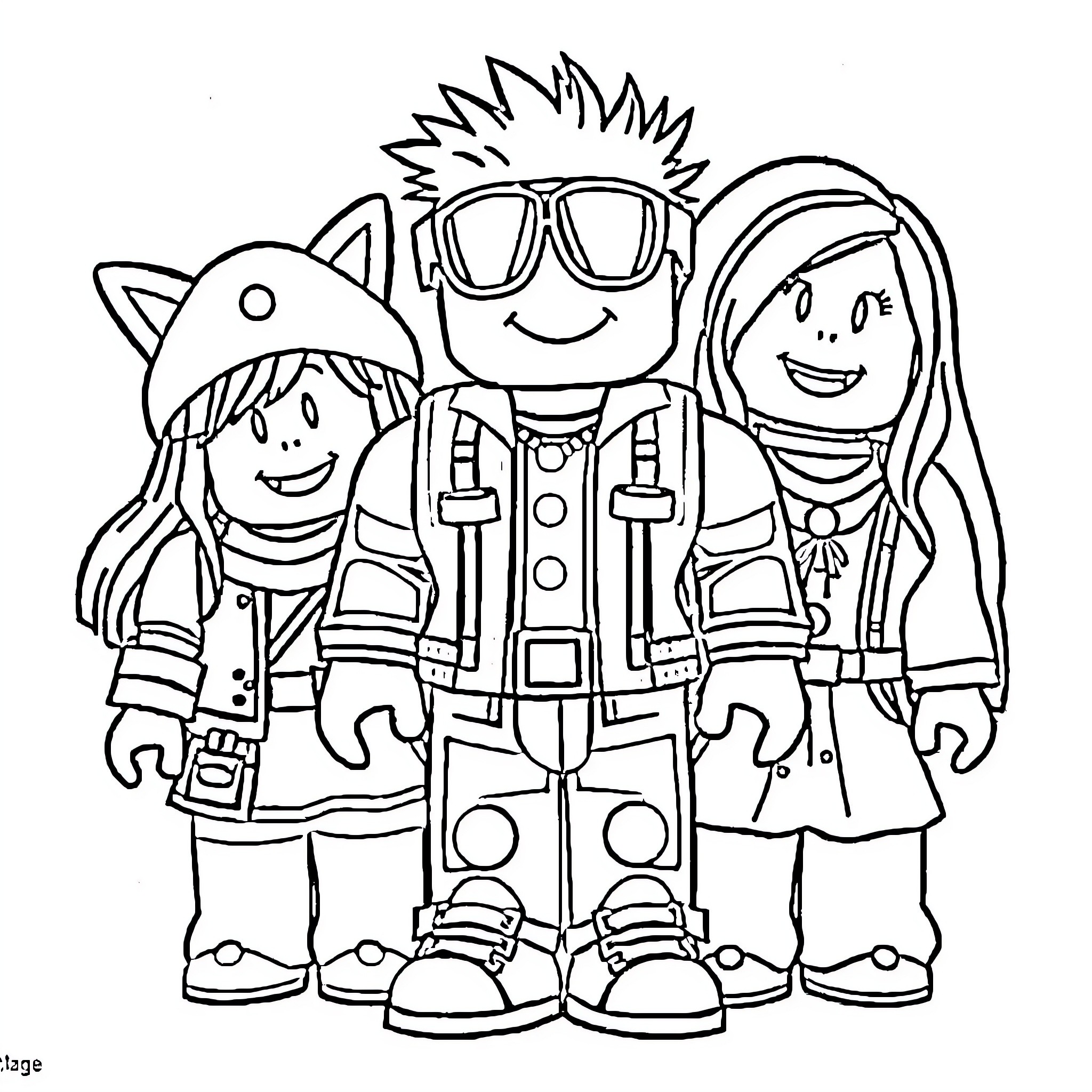 Roblox Character Group in Casual Outfits Coloring Page (free black-and-white line drawing printable PDF for all, from beginners to advanced learners, including children, teens, adults, and seniors)