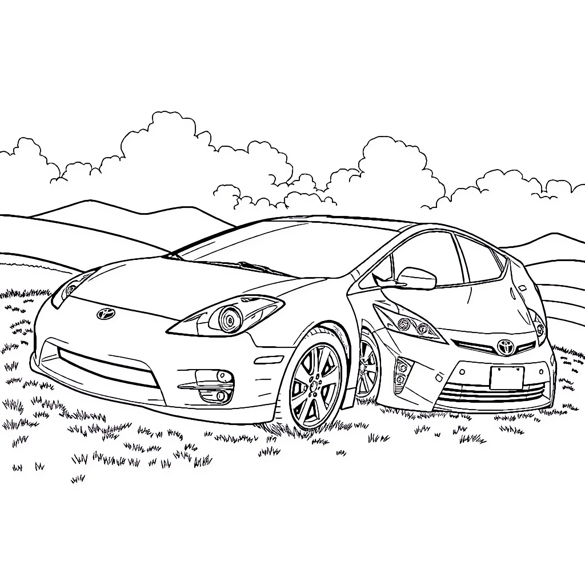 Eclipse of luxury cars on scenic hillside Coloring Page (free black-and-white line drawing printable PDF for all, from beginners to advanced learners, including children, teens, adults, and seniors)