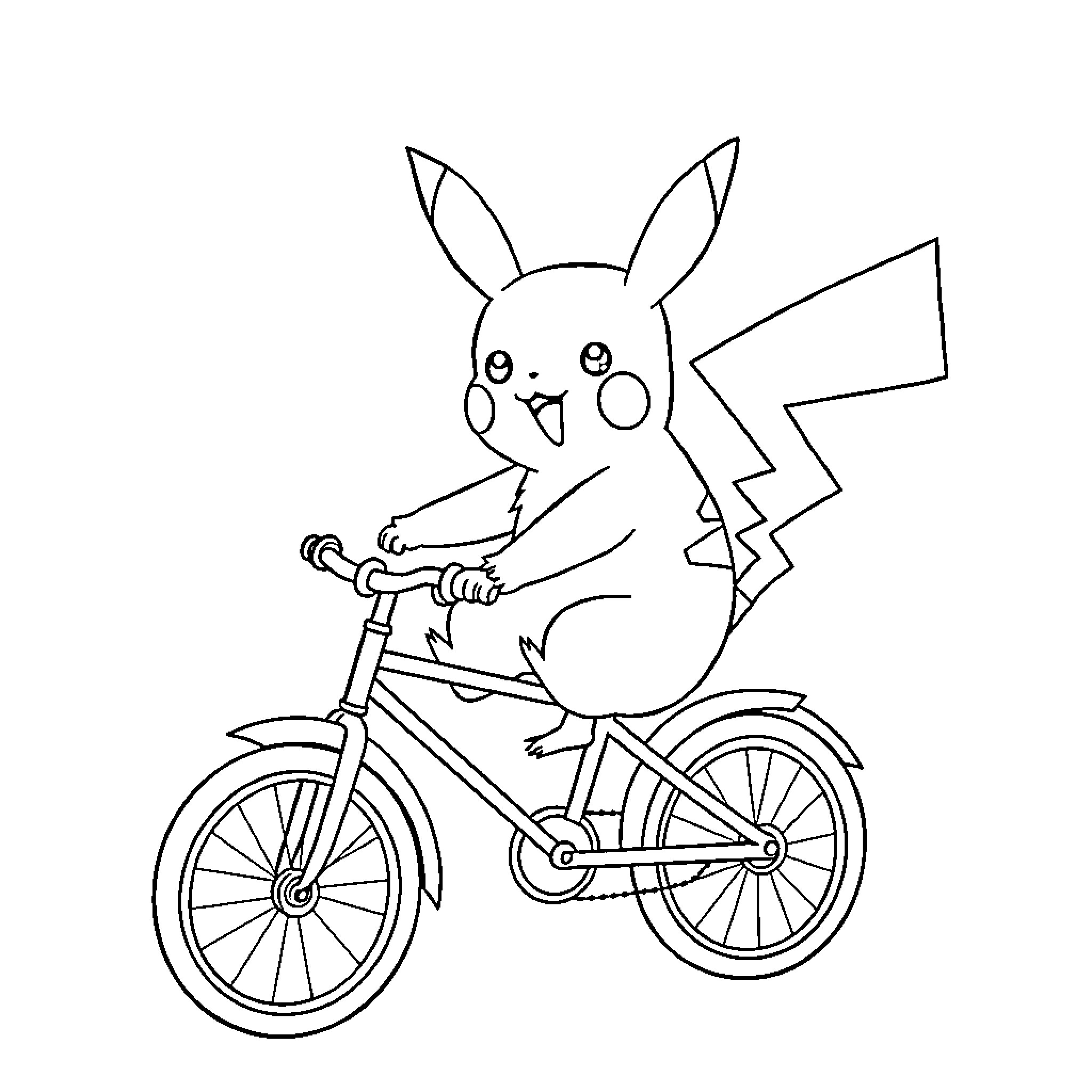 Pikachu riding a bicycle happily Coloring Page (free black-and-white line drawing printable PDF for all, from beginners to advanced learners, including children, teens, adults, and seniors)