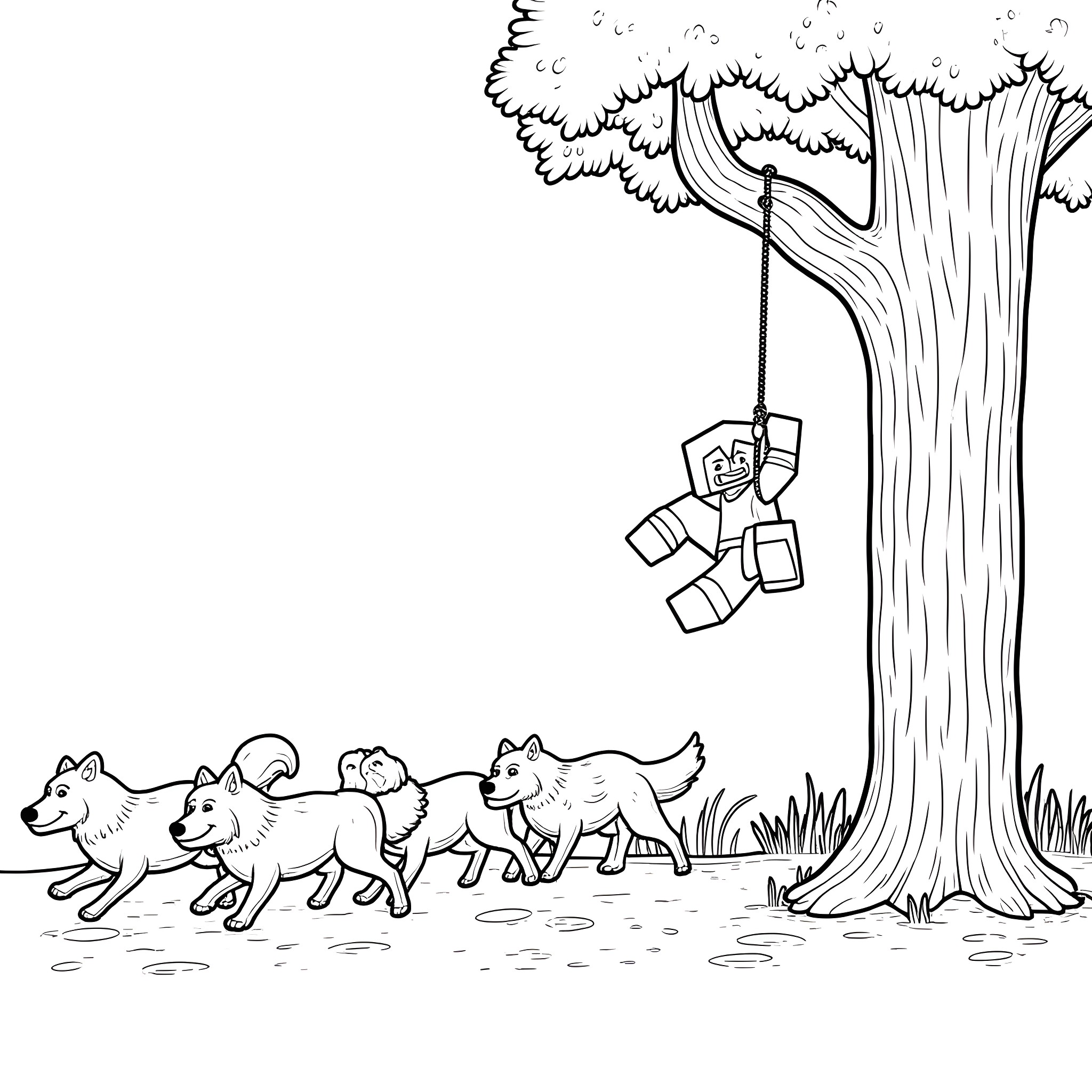 Man swinging from tree while wolves roam below Coloring Page (free black-and-white line drawing printable PDF for all, from beginners to advanced learners, including children, teens, adults, and seniors)