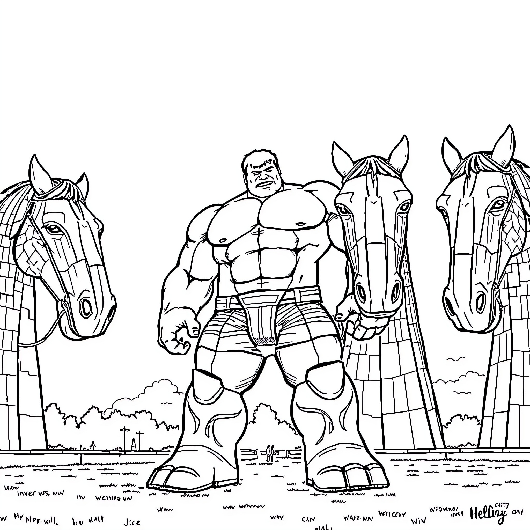 Hulk stands triumphantly with his horse companions Coloring Page (free black-and-white line drawing printable PDF for all, from beginners to advanced learners, including children, teens, adults, and seniors)