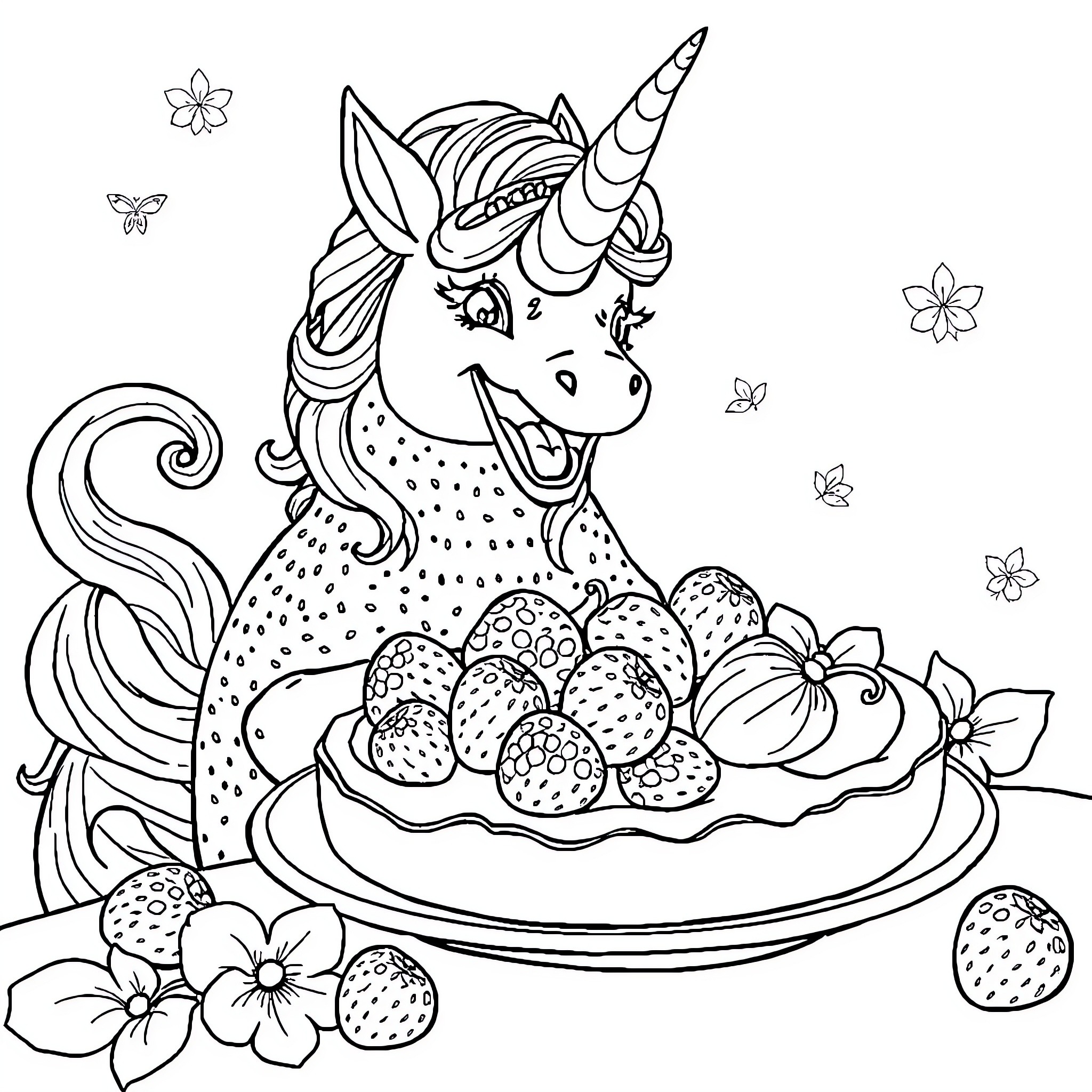 Unicorn Enjoying a Strawberry Feast Coloring Page (free black-and-white line drawing printable PDF for all, from beginners to advanced learners, including children, teens, adults, and seniors)