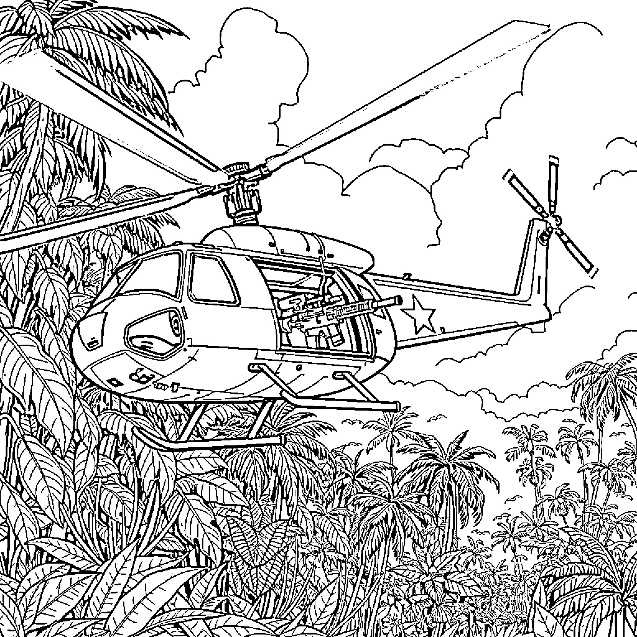Chopper soaring over lush jungle canopy Coloring Page (free black-and-white line drawing printable PDF for all, from beginners to advanced learners, including children, teens, adults, and seniors)