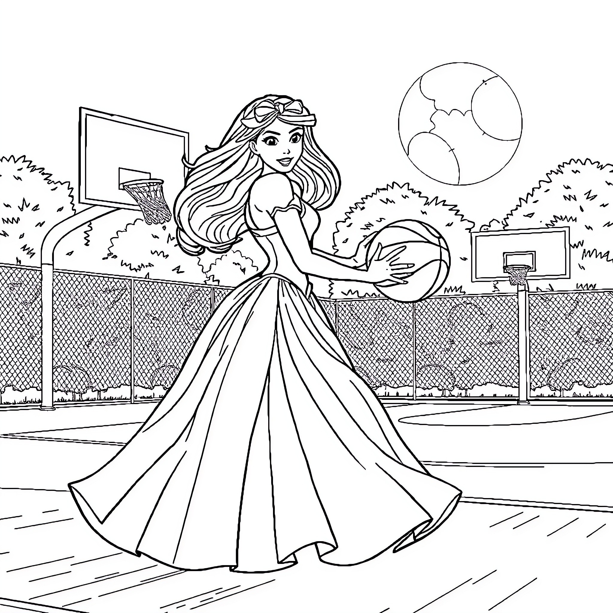 Princess enjoys basketball game on outdoor court Coloring Page (free black-and-white line drawing printable PDF for all, from beginners to advanced learners, including children, teens, adults, and seniors)