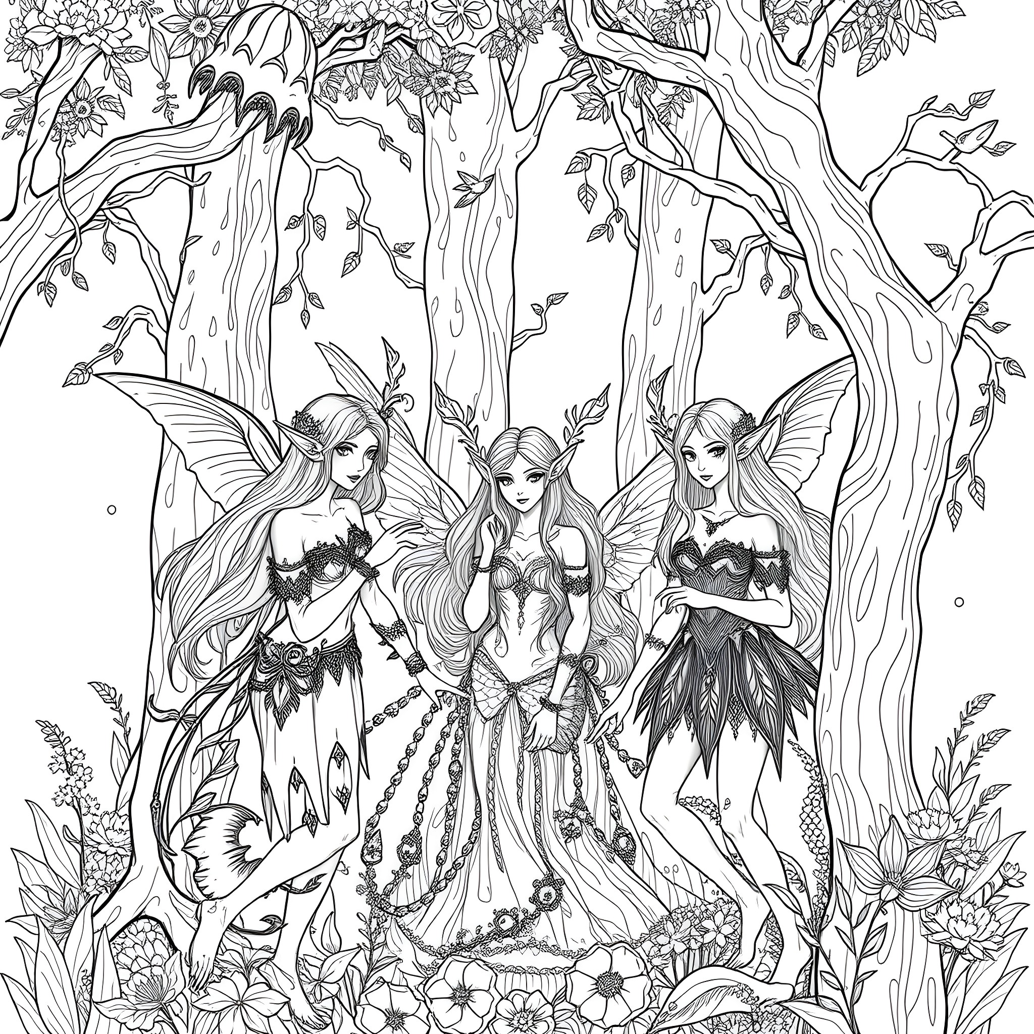 Elf fairies in the enchanted forest Coloring Page (free black-and-white line drawing printable PDF for all, from beginners to advanced learners, including children, teens, adults, and seniors)