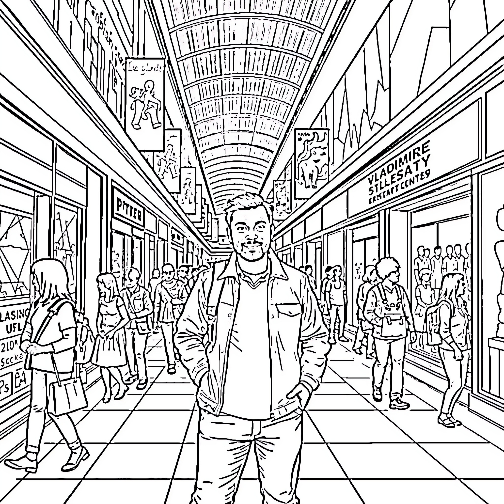 Vladimir Makarov walks through a bustling indoor marketplace Coloring Page (free black-and-white line drawing printable PDF for all, from beginners to advanced learners, including children, teens, adults, and seniors)