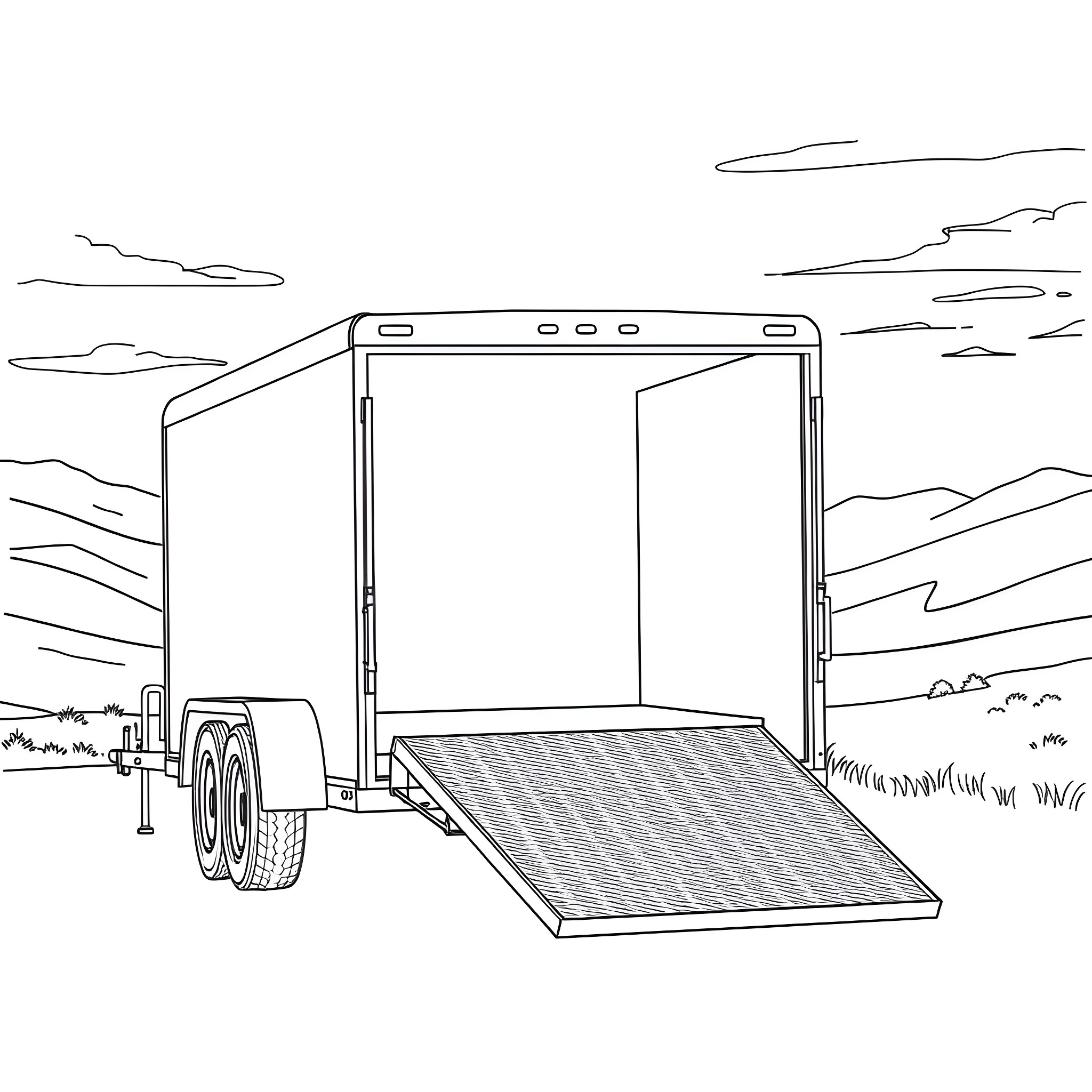 Car Trailer with Ramp in Nature Scenery Coloring Page (free black-and-white line drawing printable PDF for all, from beginners to advanced learners, including children, teens, adults, and seniors)