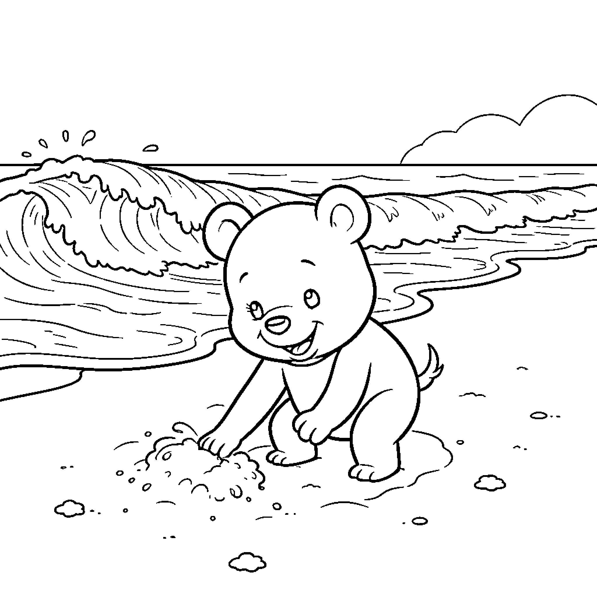 Winnie The Pooh playing happily on the beach Coloring Page (free black-and-white line drawing printable PDF for all, from beginners to advanced learners, including children, teens, adults, and seniors)