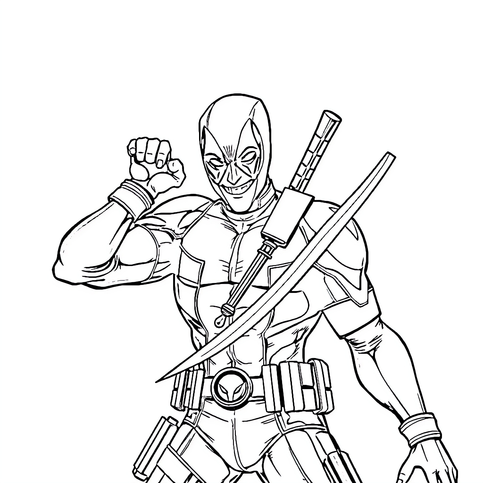 Deadpool taking action with his weapons and skills Coloring Page (free black-and-white line drawing printable PDF for all, from beginners to advanced learners, including children, teens, adults, and seniors)