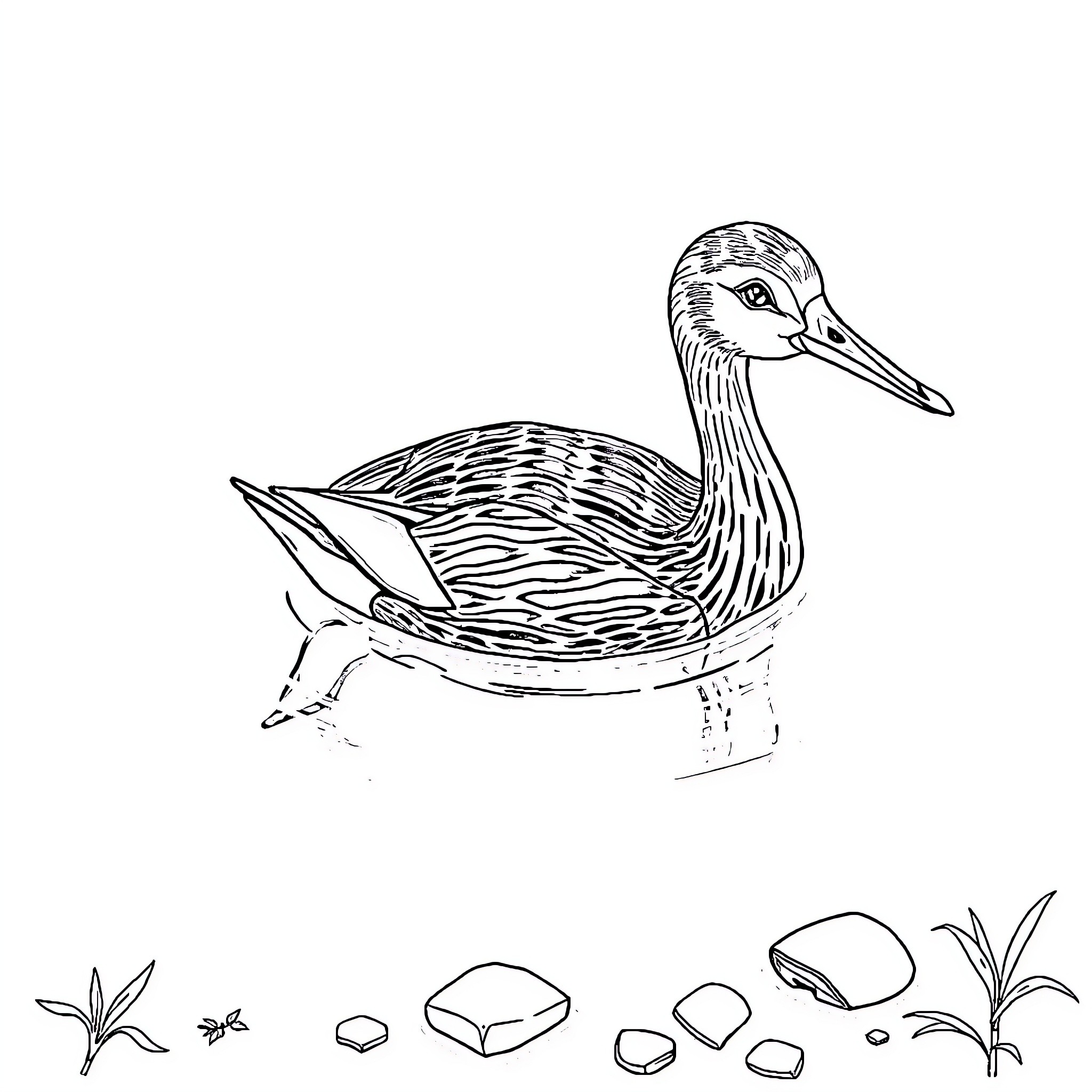 Duck resting in tranquil pond Coloring Page (free black-and-white line drawing printable PDF for all, from beginners to advanced learners, including children, teens, adults, and seniors)