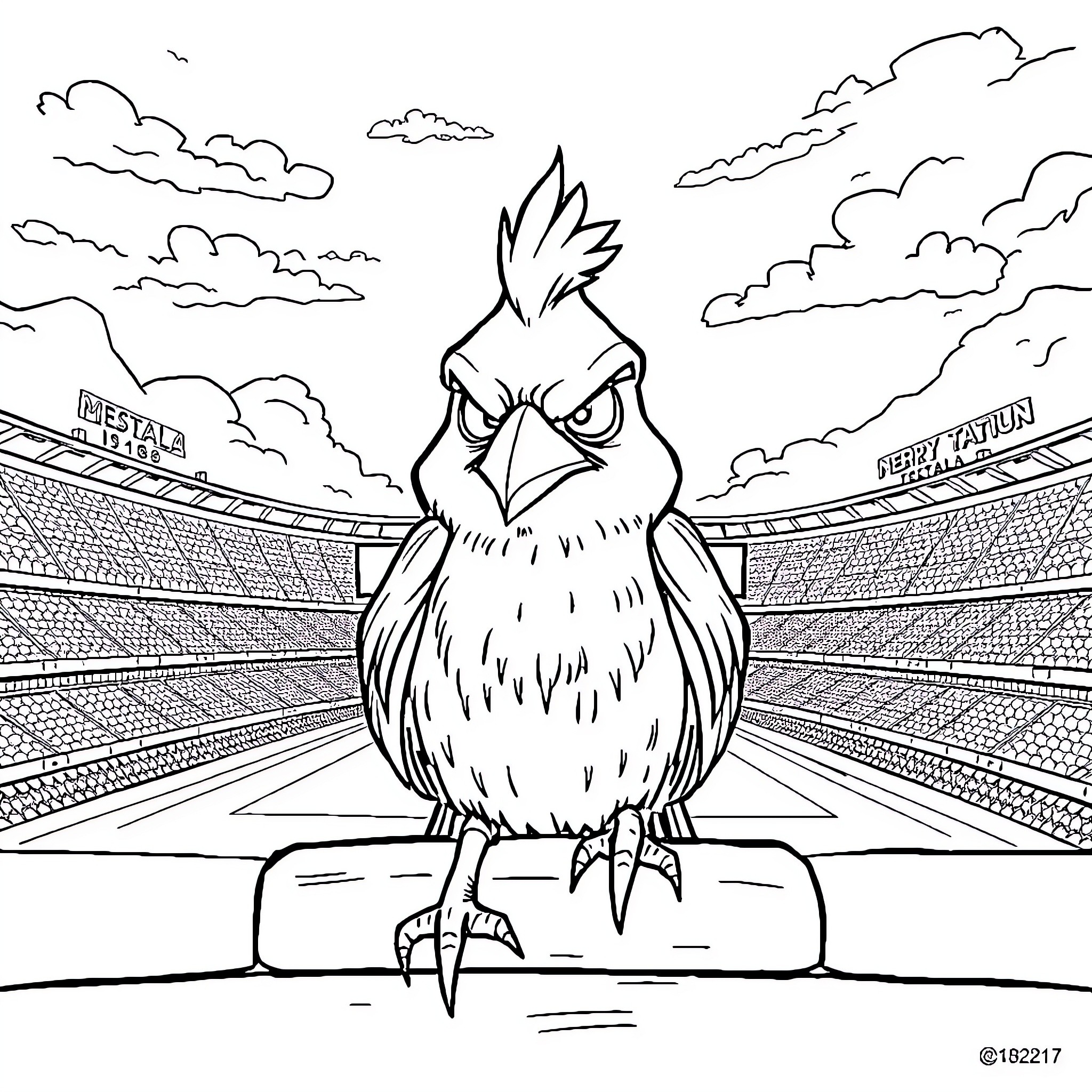 Bird perched on podium in sports stadium Coloring Page (free black-and-white line drawing printable PDF for all, from beginners to advanced learners, including children, teens, adults, and seniors)