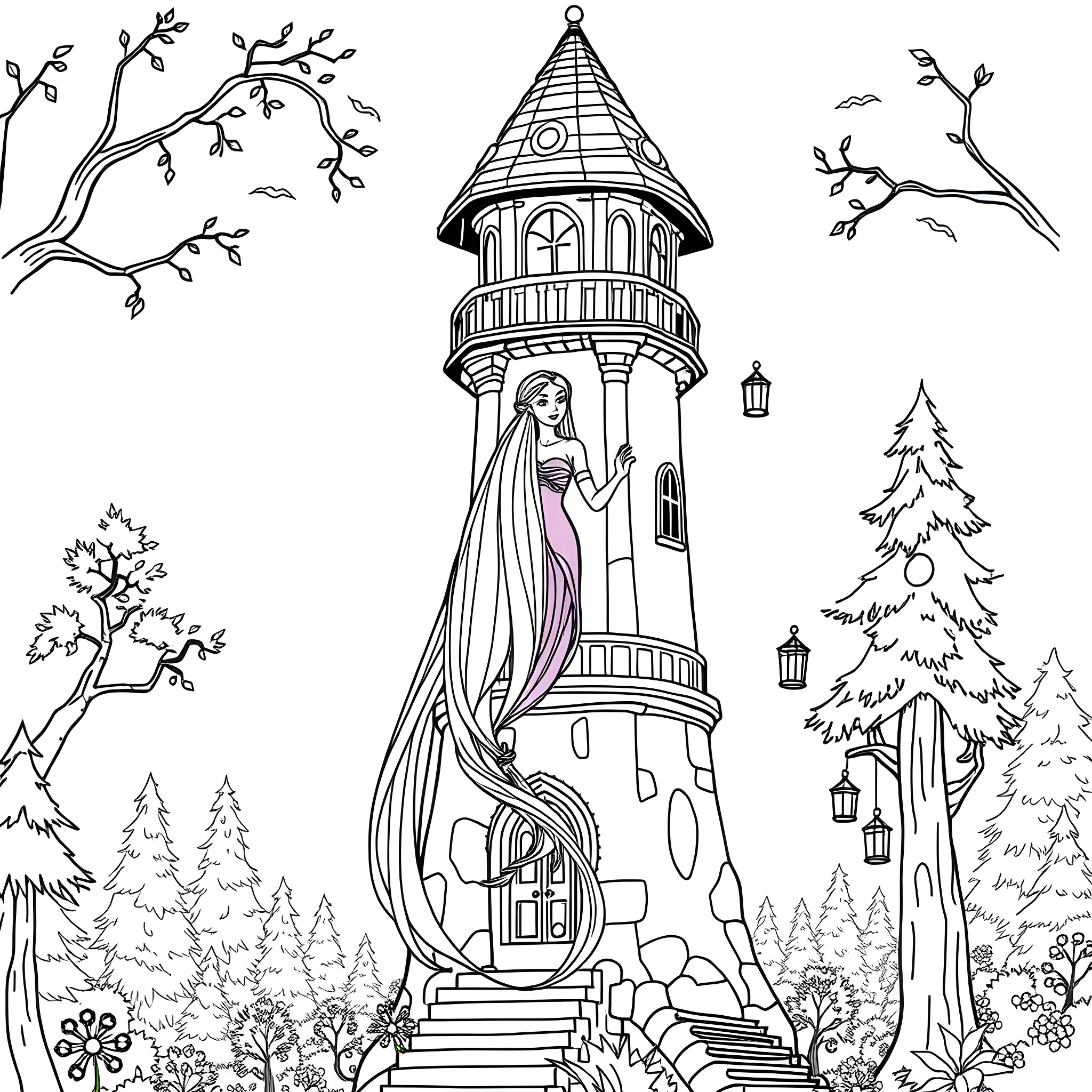 Rapunzel in her enchanted tower with lush forest surroundings Coloring Page (free black-and-white line drawing printable PDF for all, from beginners to advanced learners, including children, teens, adults, and seniors)