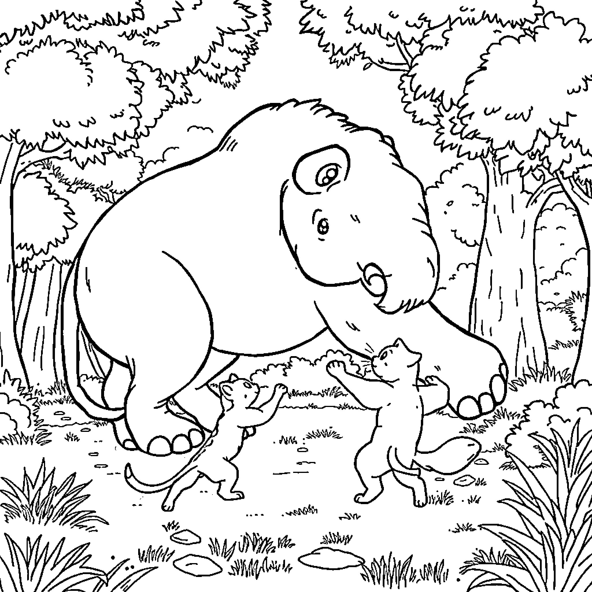 Gato and His Forest Friends Coloring Page (free black-and-white line drawing printable PDF for all, from beginners to advanced learners, including children, teens, adults, and seniors)