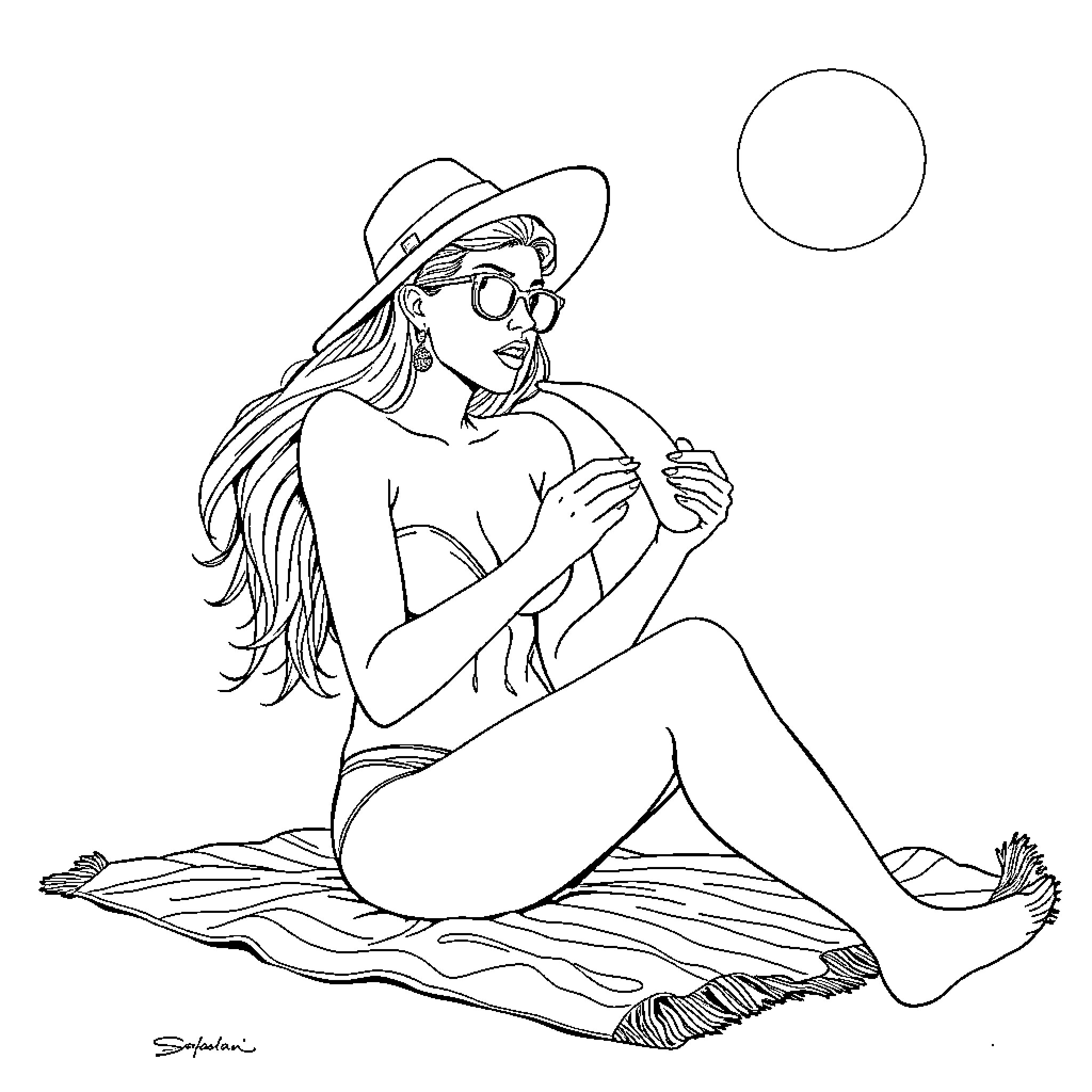 Pinup Girl Relaxing on the Beach Coloring Page (free black-and-white line drawing printable PDF for all, from beginners to advanced learners, including children, teens, adults, and seniors)