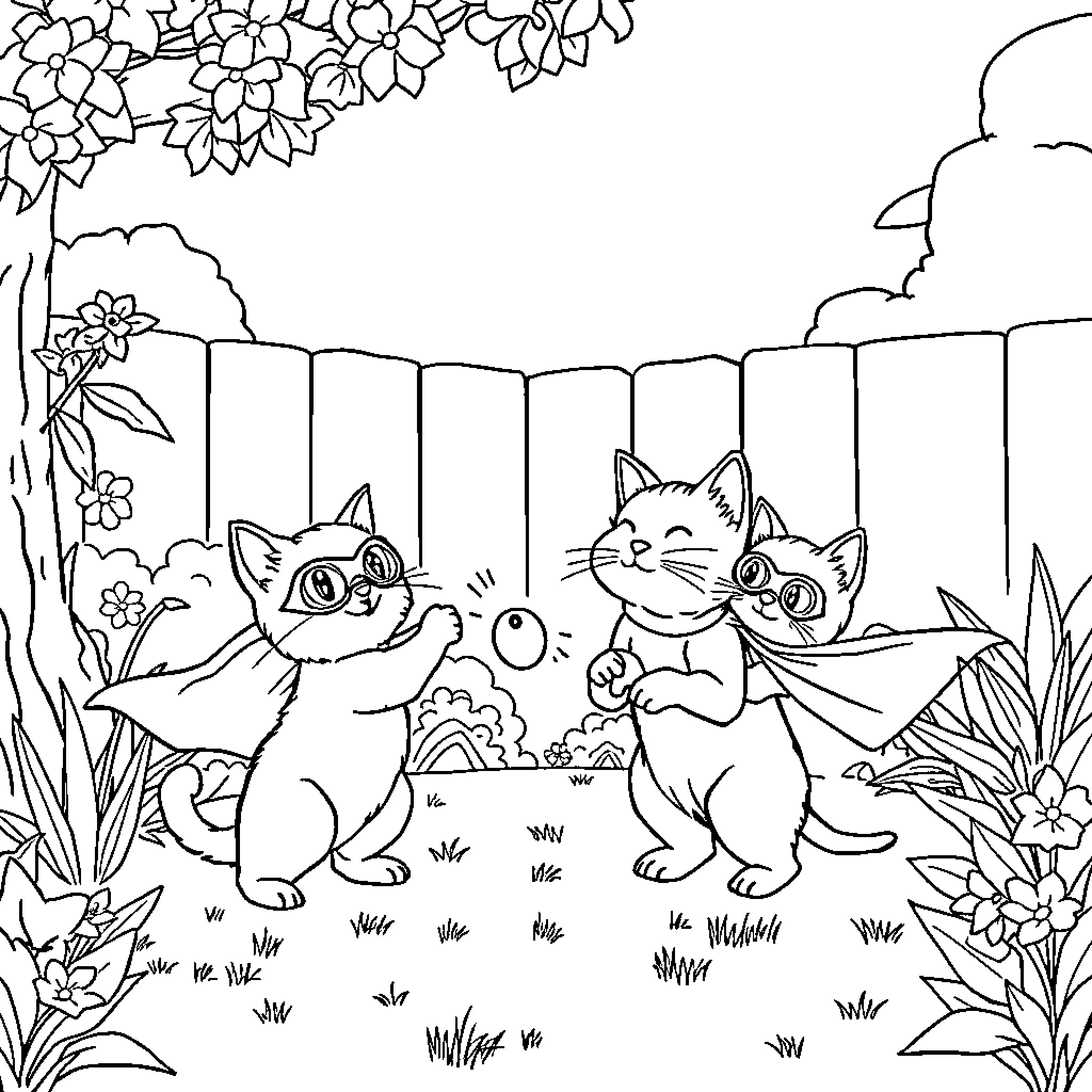 Superkittens playing joyfully in the garden Coloring Page (free black-and-white line drawing printable PDF for all, from beginners to advanced learners, including children, teens, adults, and seniors)