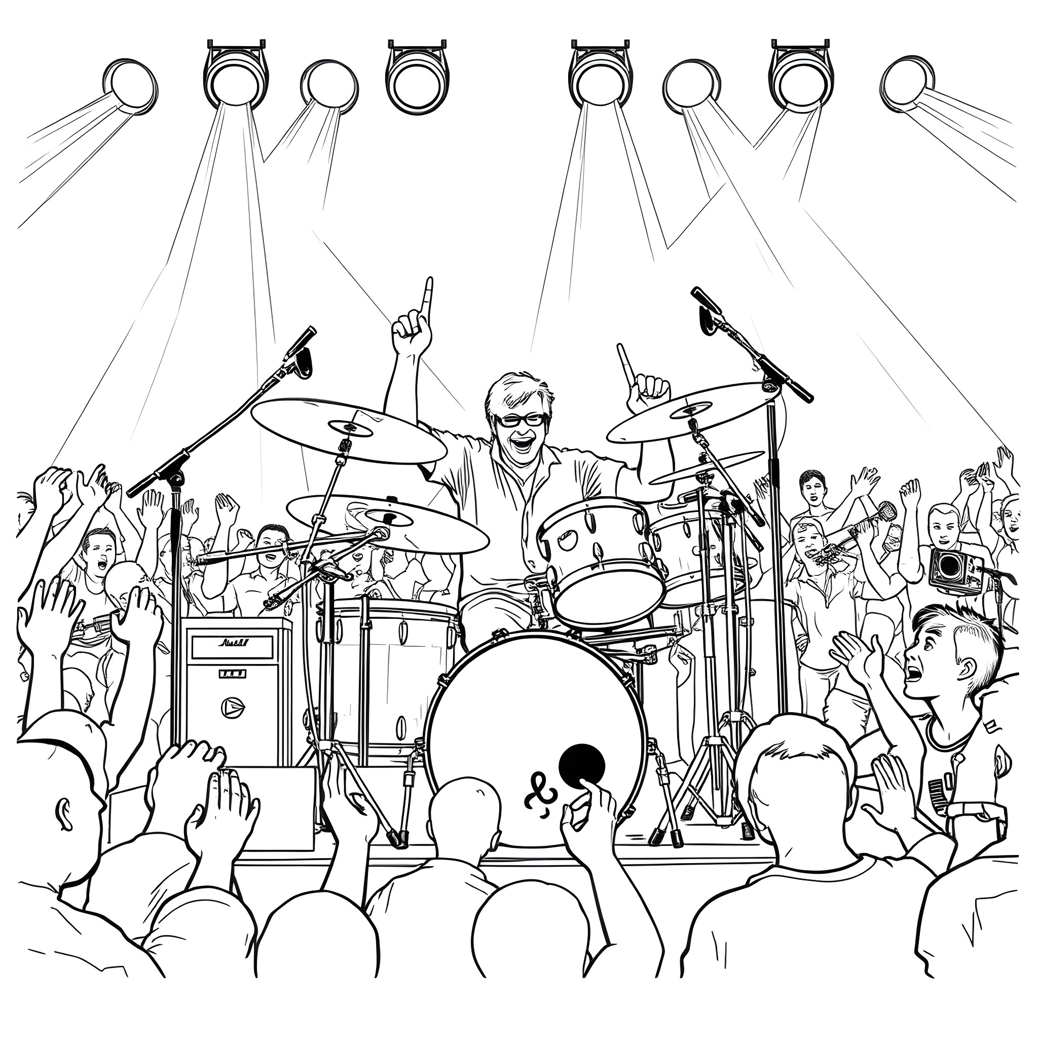 Neil Peart performing energetically on the drums Coloring Page (free black-and-white line drawing printable PDF for all, from beginners to advanced learners, including children, teens, adults, and seniors)