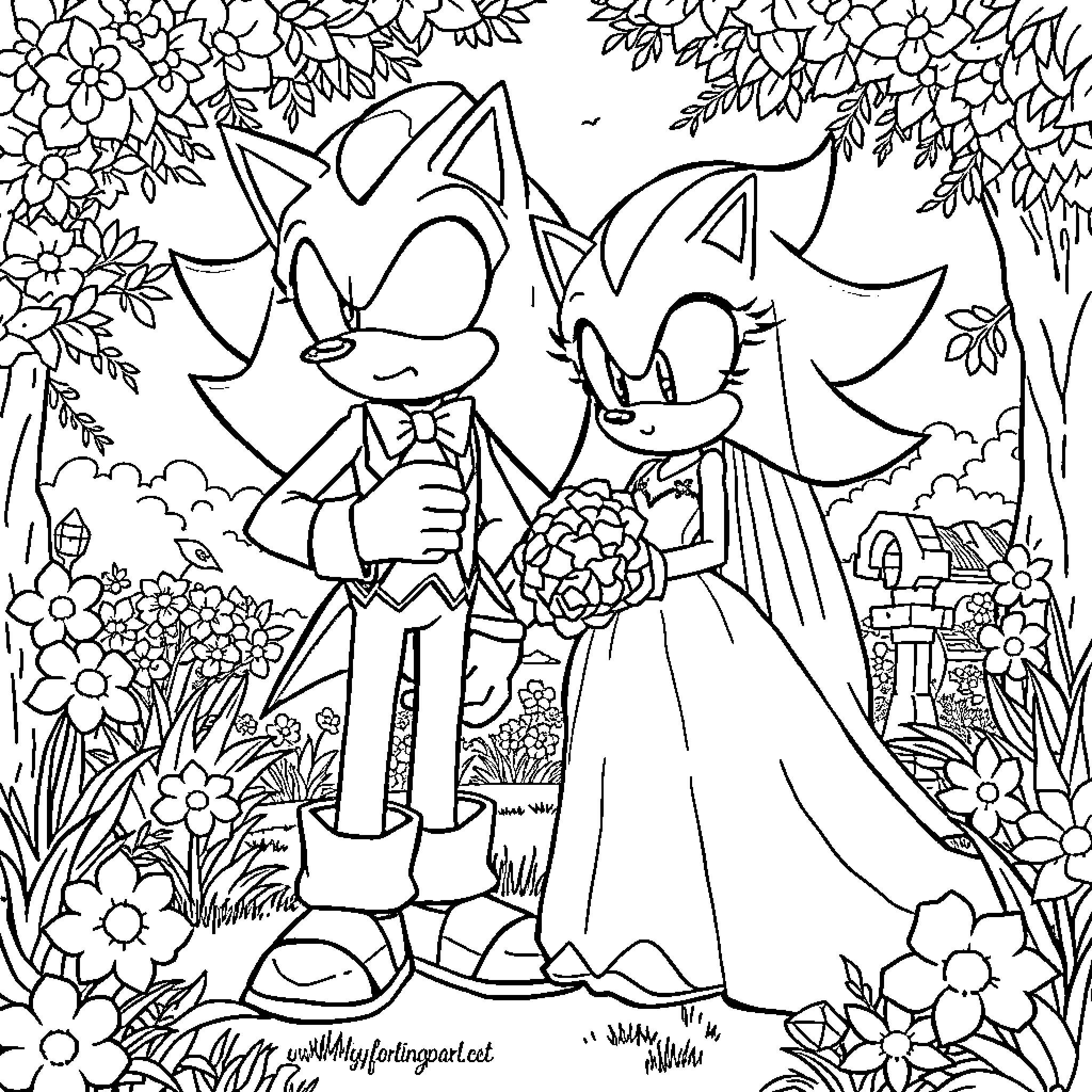 Shadow Romance in Floral Wonderland Coloring Page (free black-and-white line drawing printable PDF for all, from beginners to advanced learners, including children, teens, adults, and seniors)