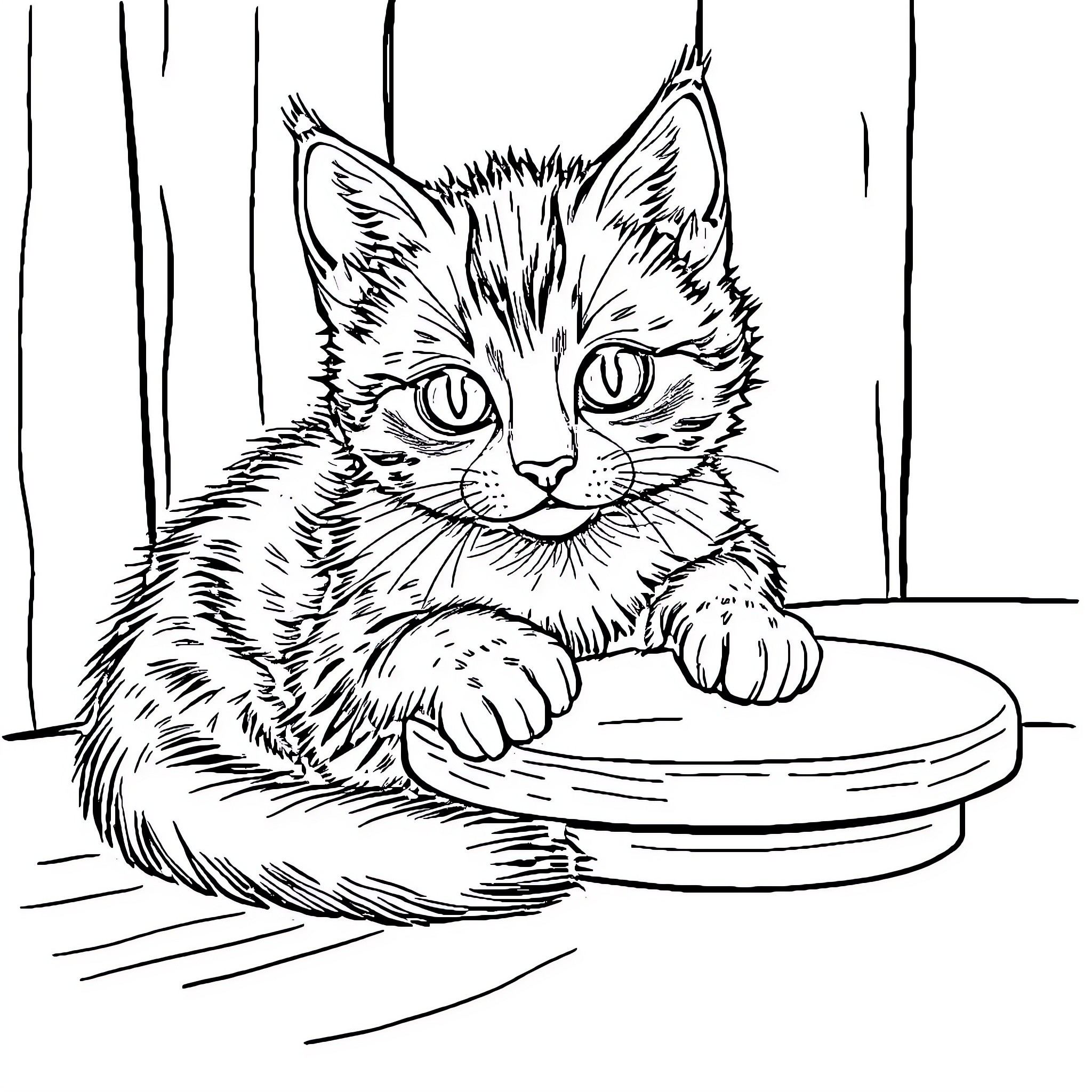 Cat resting on a dish Coloring Page (free black-and-white line drawing printable PDF for all, from beginners to advanced learners, including children, teens, adults, and seniors)