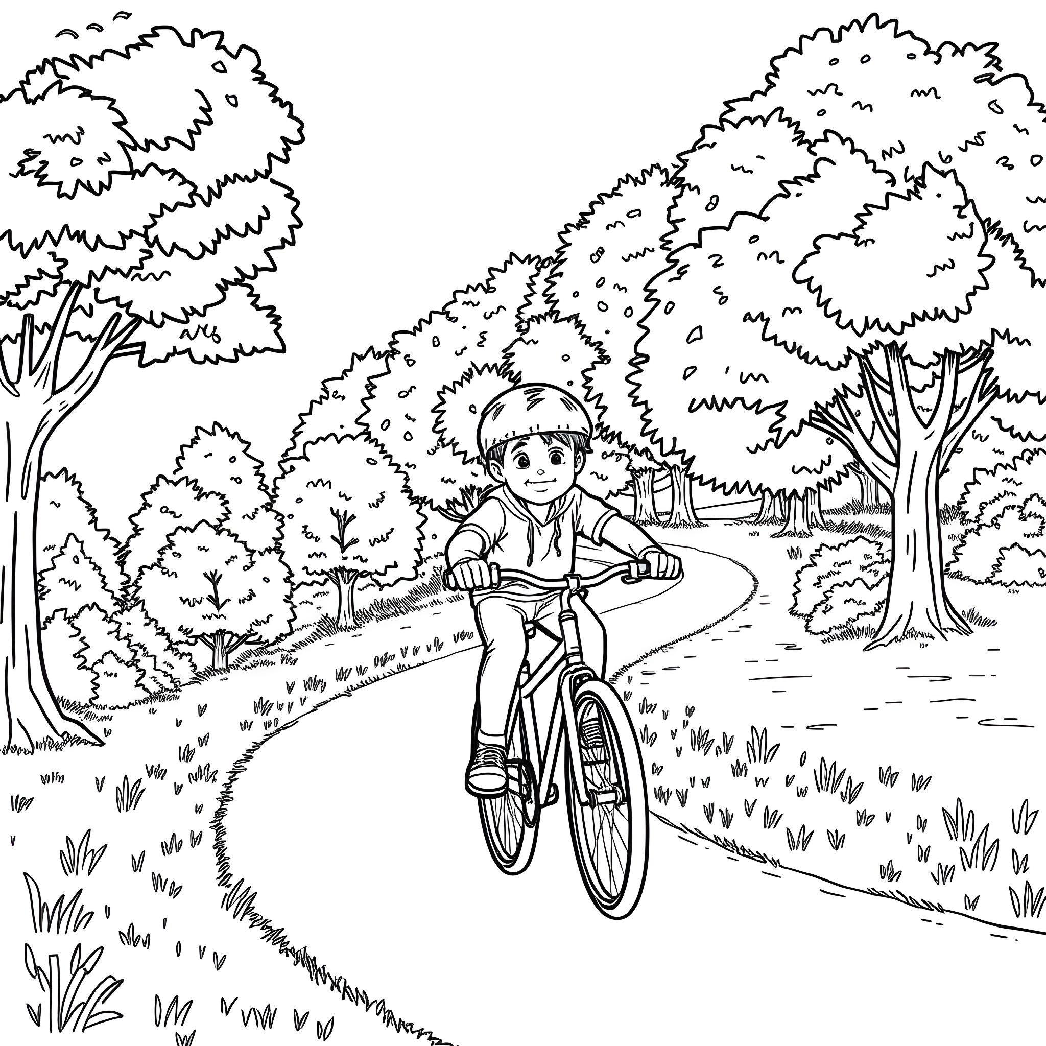 Bobby Riding His Bicycle Through the Forest Coloring Page (free black-and-white line drawing printable PDF for all, from beginners to advanced learners, including children, teens, adults, and seniors)