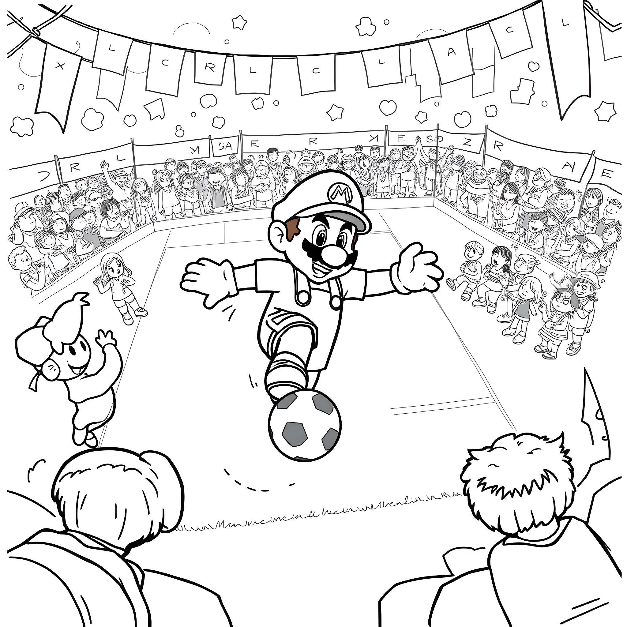 Mario playing soccer with his friends in a stadium Coloring Page (free black-and-white line drawing printable PDF for all, from beginners to advanced learners, including children, teens, adults, and seniors)
