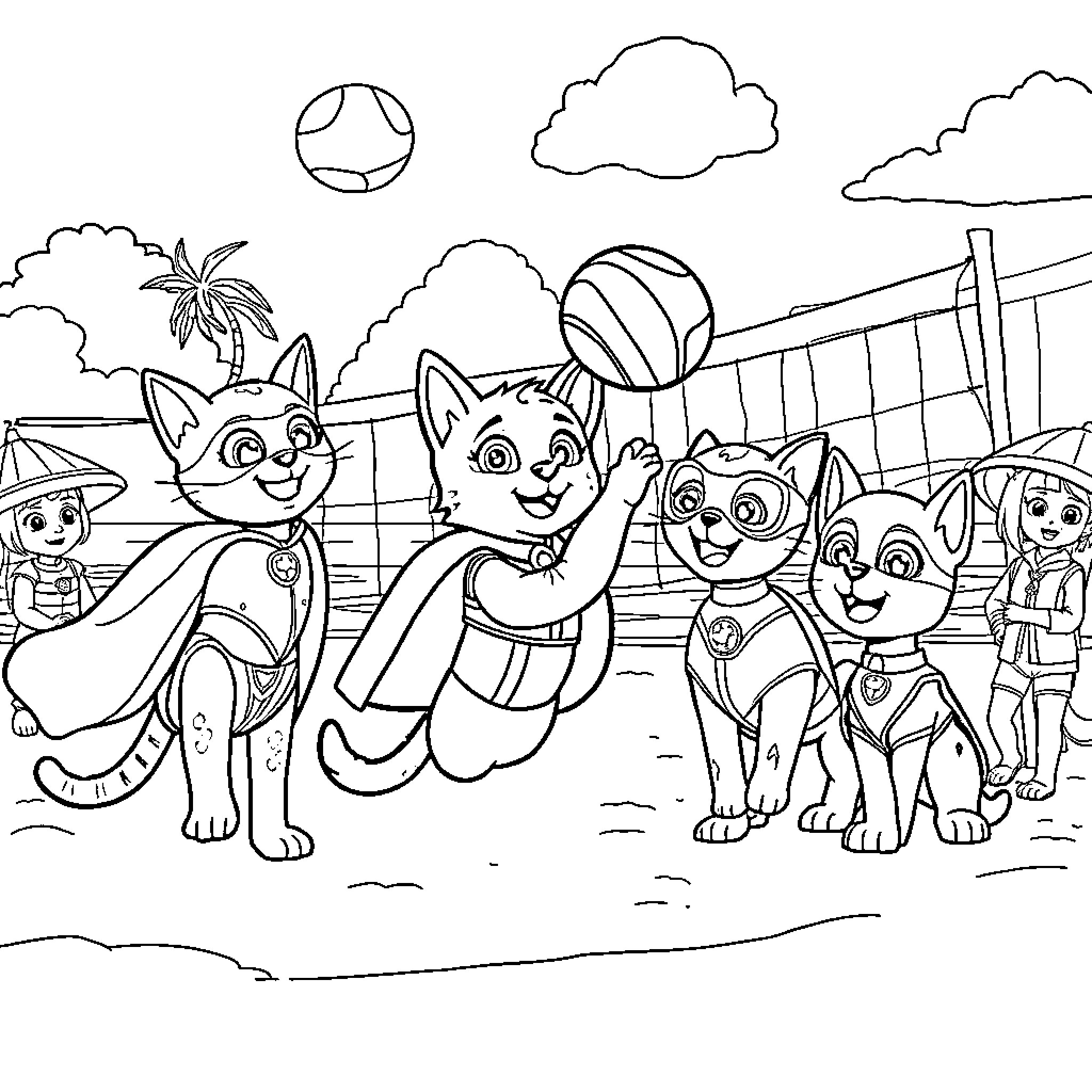 Kitty friends having fun at the beach Coloring Page (free black-and-white line drawing printable PDF for all, from beginners to advanced learners, including children, teens, adults, and seniors)