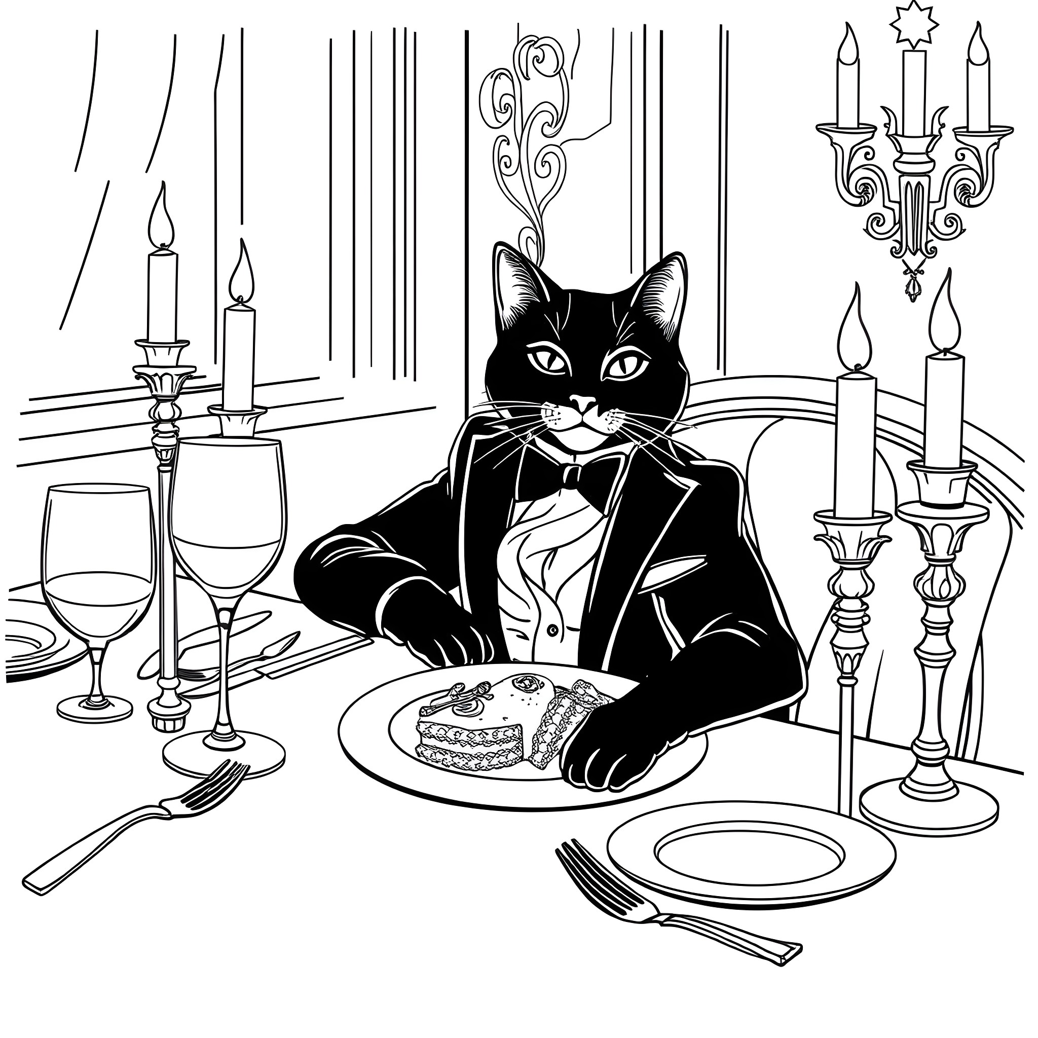 Cat enjoying formal dinner in candlelit room Coloring Page (free black-and-white line drawing printable PDF for all, from beginners to advanced learners, including children, teens, adults, and seniors)