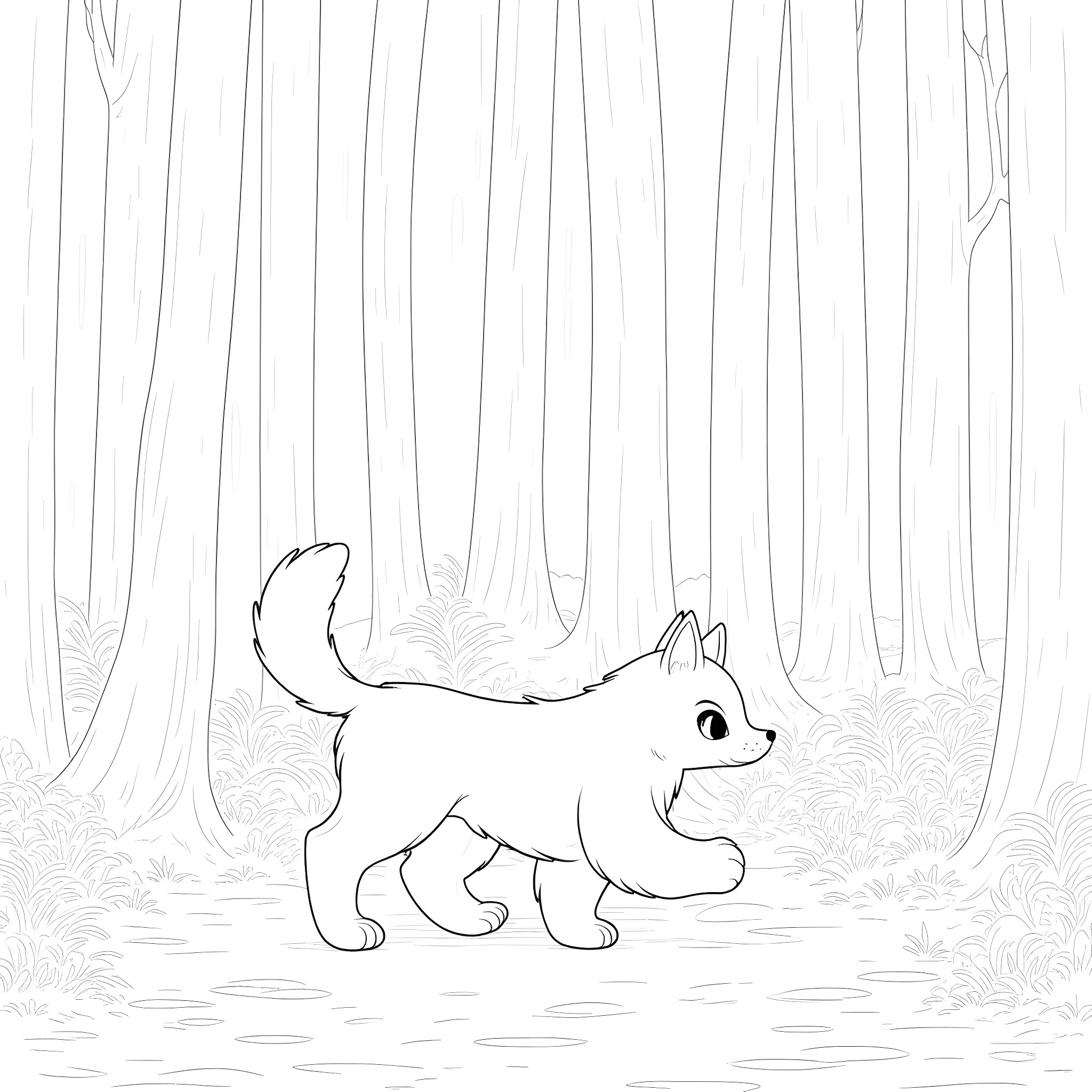 Sesshomaru in a Lush Forest Landscape Coloring Page (free black-and-white line drawing printable PDF for all, from beginners to advanced learners, including children, teens, adults, and seniors)