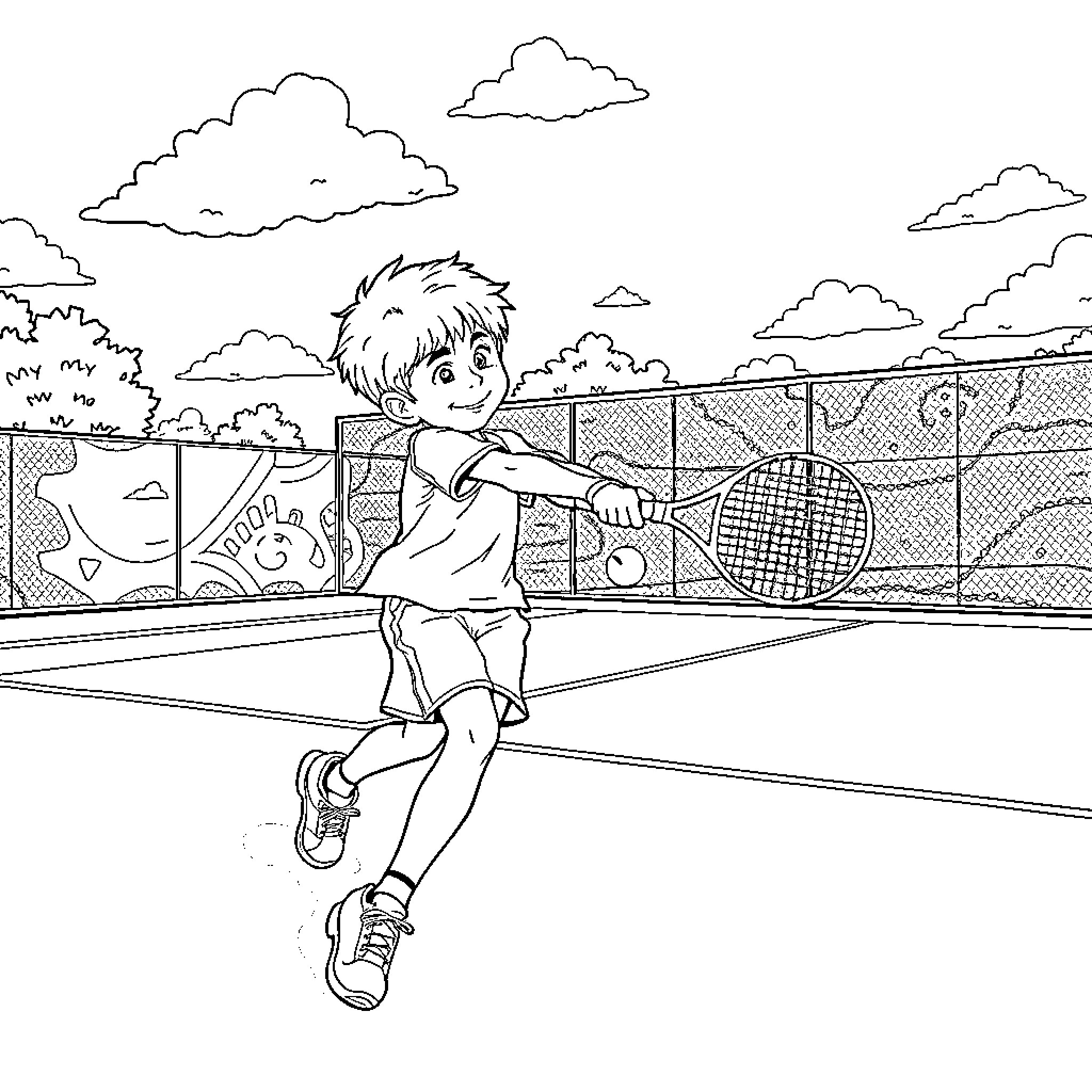 Luke playing tennis on the court Coloring Page (free black-and-white line drawing printable PDF for all, from beginners to advanced learners, including children, teens, adults, and seniors)