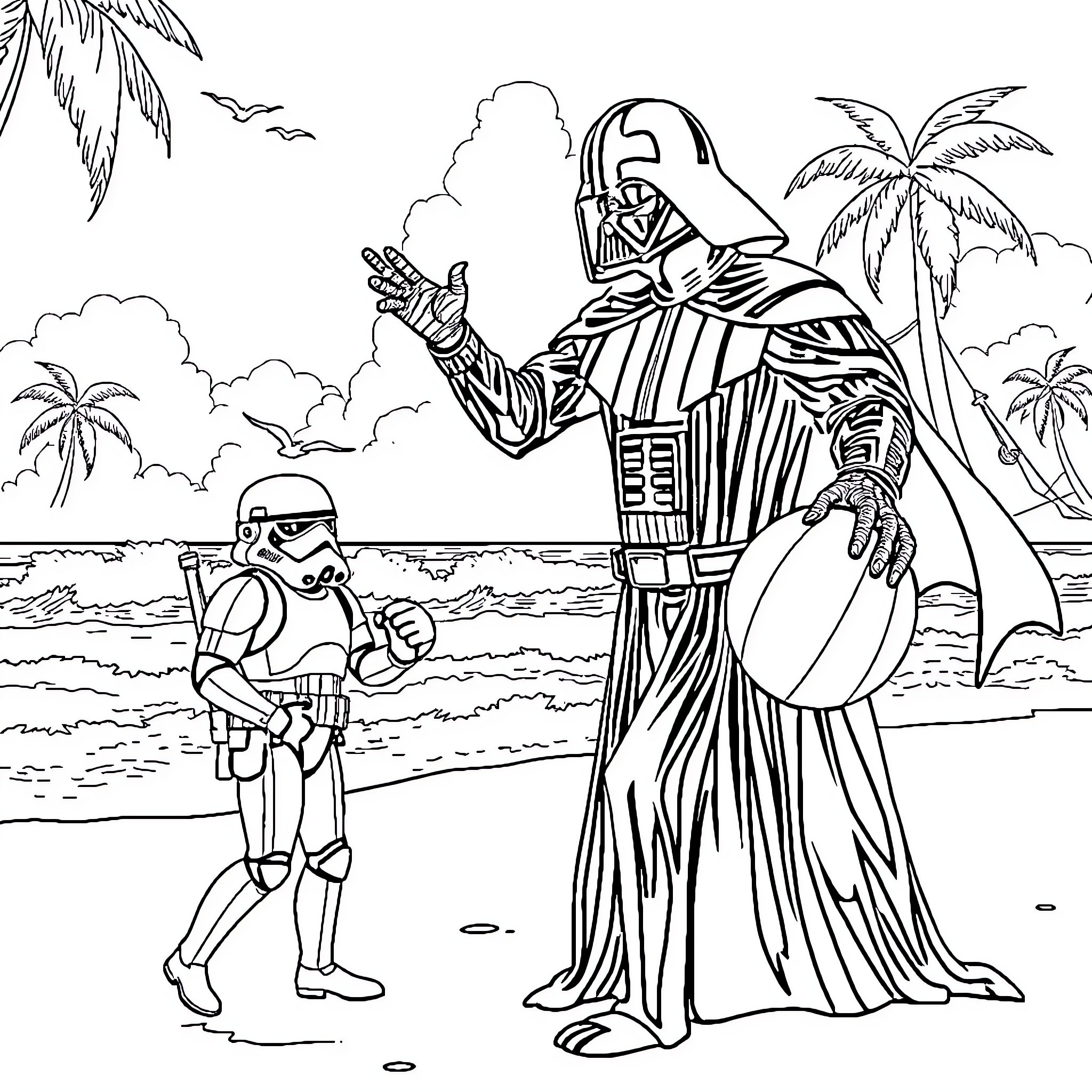 Darth Vader and Imperial Stormtrooper on a tropical beach Coloring Page (free black-and-white line drawing printable PDF for all, from beginners to advanced learners, including children, teens, adults, and seniors)