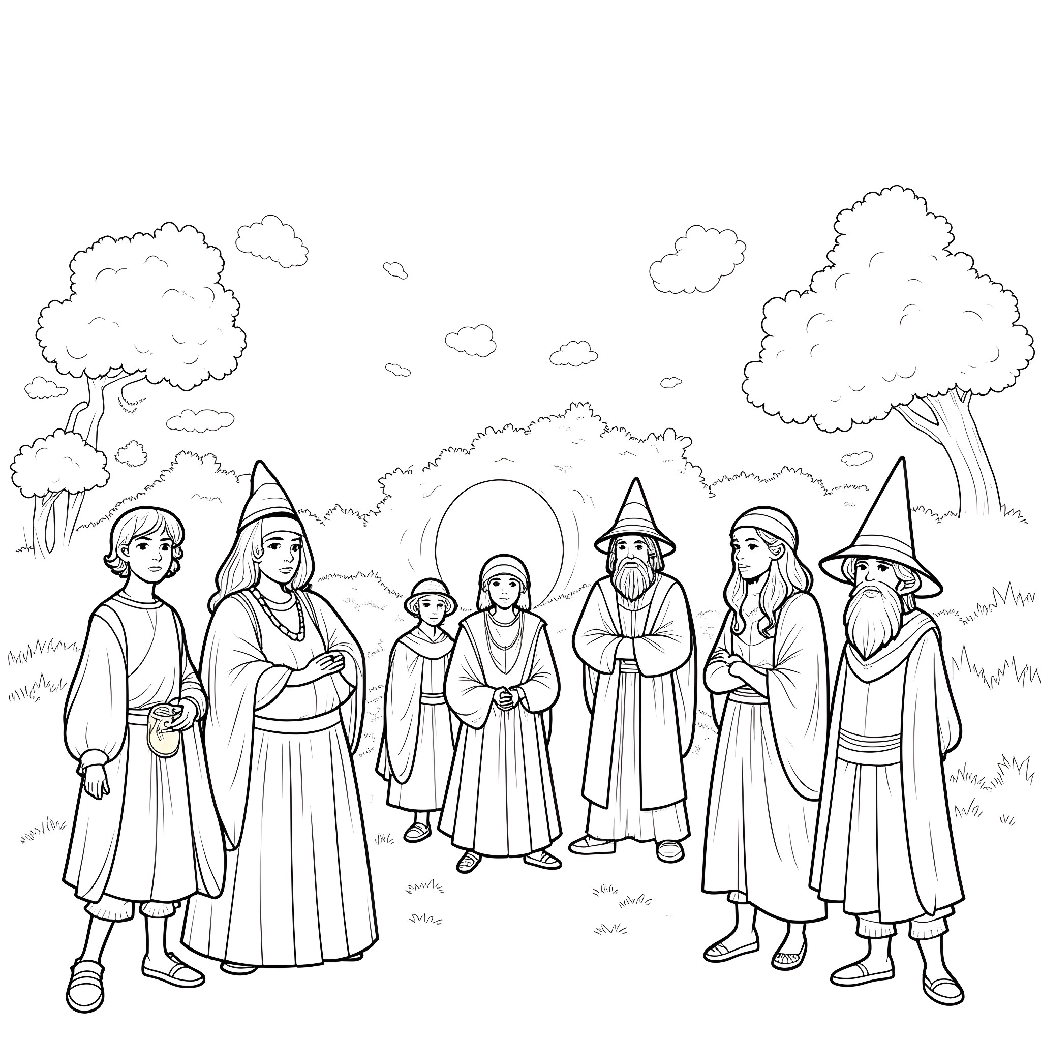Lord of the Rings characters in the forest Coloring Page (free black-and-white line drawing printable PDF for all, from beginners to advanced learners, including children, teens, adults, and seniors)