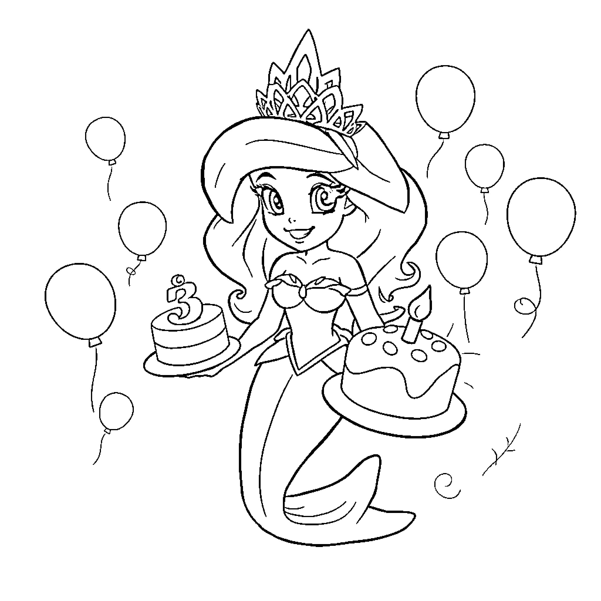 Sirenita celebrating with cake and balloons Coloring Page (free black-and-white line drawing printable PDF for all, from beginners to advanced learners, including children, teens, adults, and seniors)