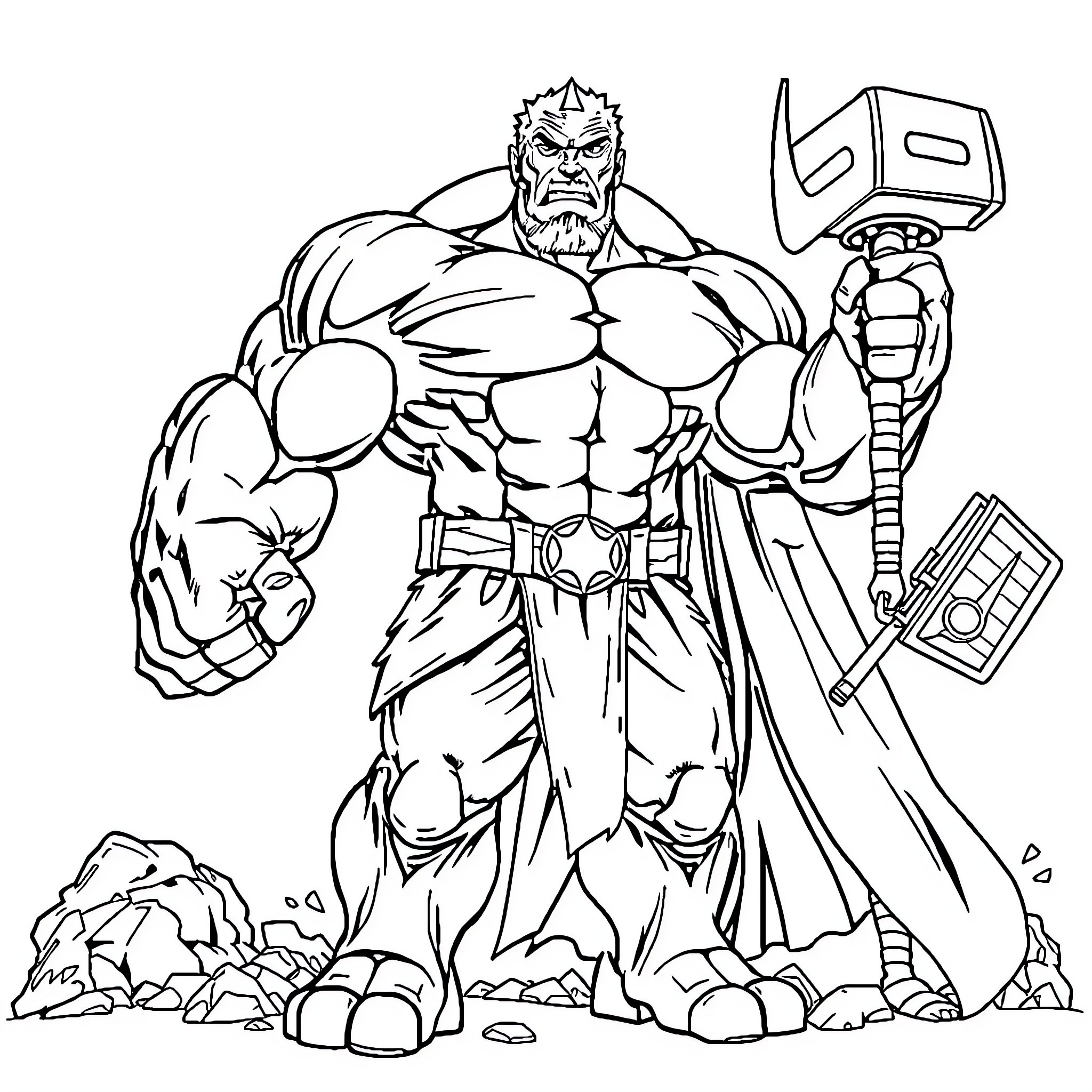 Superhero Muscular Warrior with Mighty Hammer Coloring Page (free black-and-white line drawing printable PDF for all, from beginners to advanced learners, including children, teens, adults, and seniors)