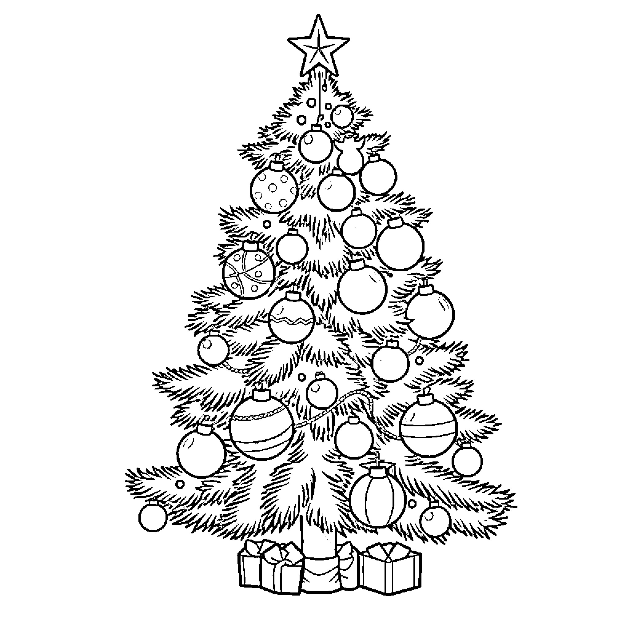 Christmas Tree with Decorated Ornaments and Presents Coloring Page (free black-and-white line drawing printable PDF for all, from beginners to advanced learners, including children, teens, adults, and seniors)