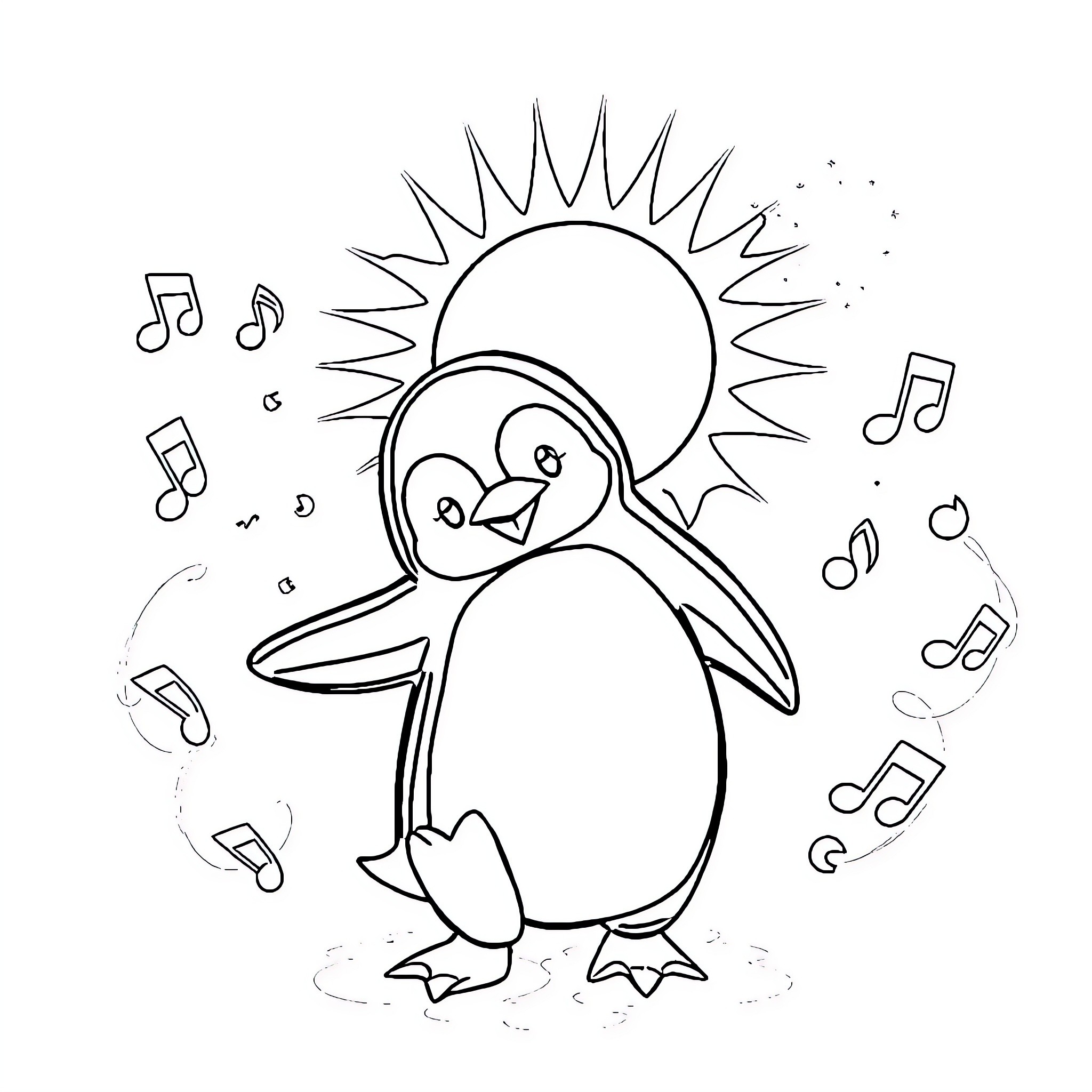 Penguin dancing to music under the sun Coloring Page (free black-and-white line drawing printable PDF for all, from beginners to advanced learners, including children, teens, adults, and seniors)