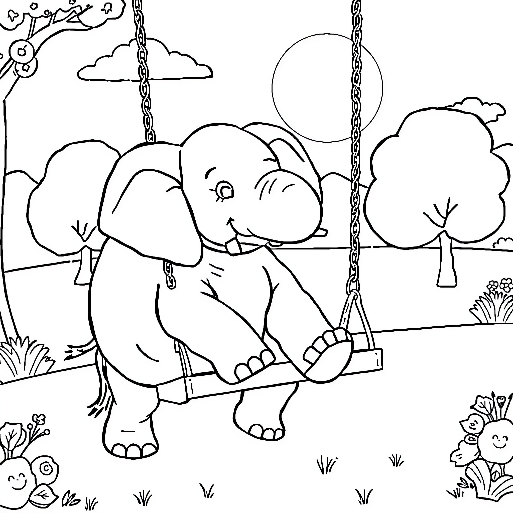 Elephant swinging joyfully on a swing Coloring Page (free black-and-white line drawing printable PDF for all, from beginners to advanced learners, including children, teens, adults, and seniors)