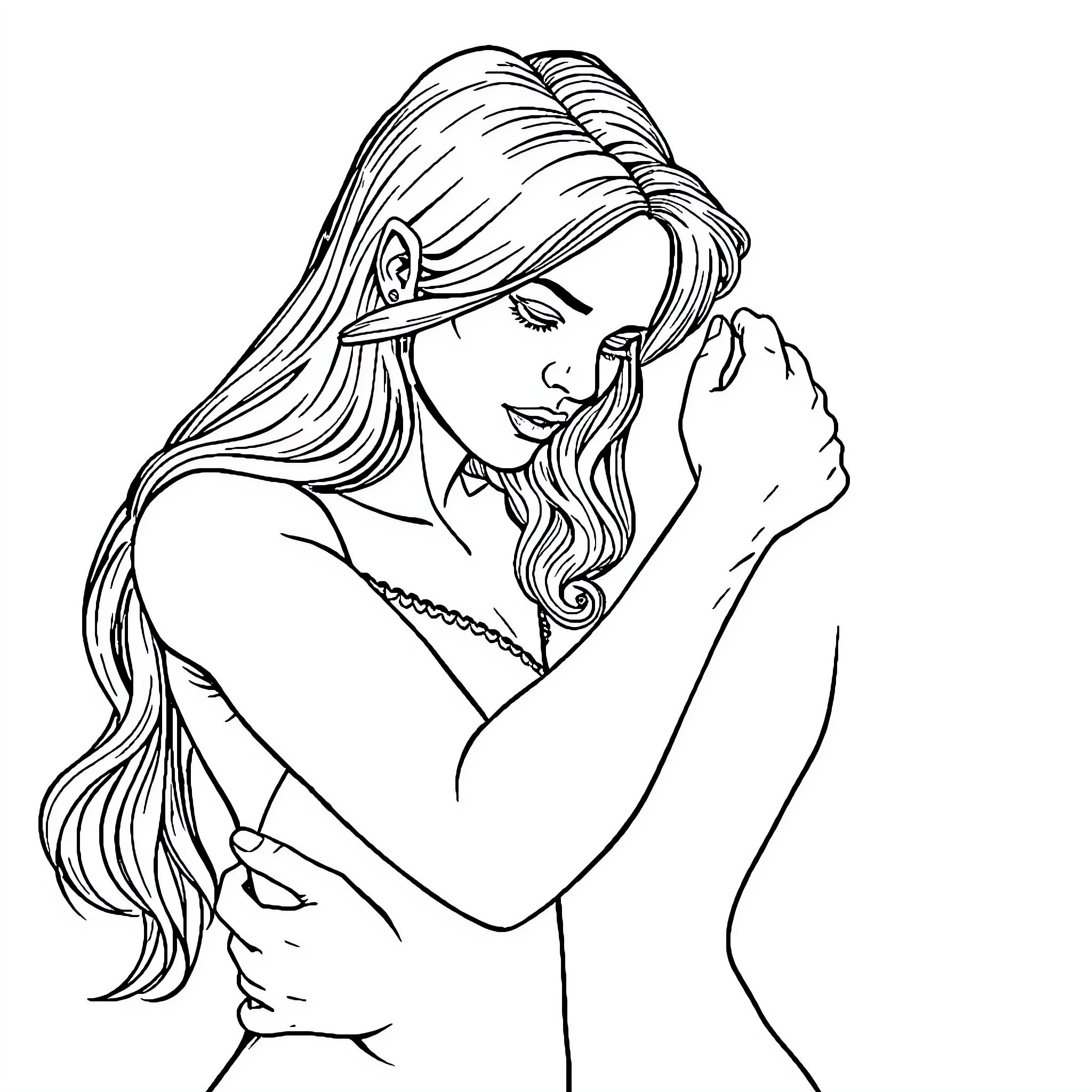 Lady with Flowing Hair and Pensive Expression Coloring Page (free black-and-white line drawing printable PDF for all, from beginners to advanced learners, including children, teens, adults, and seniors)