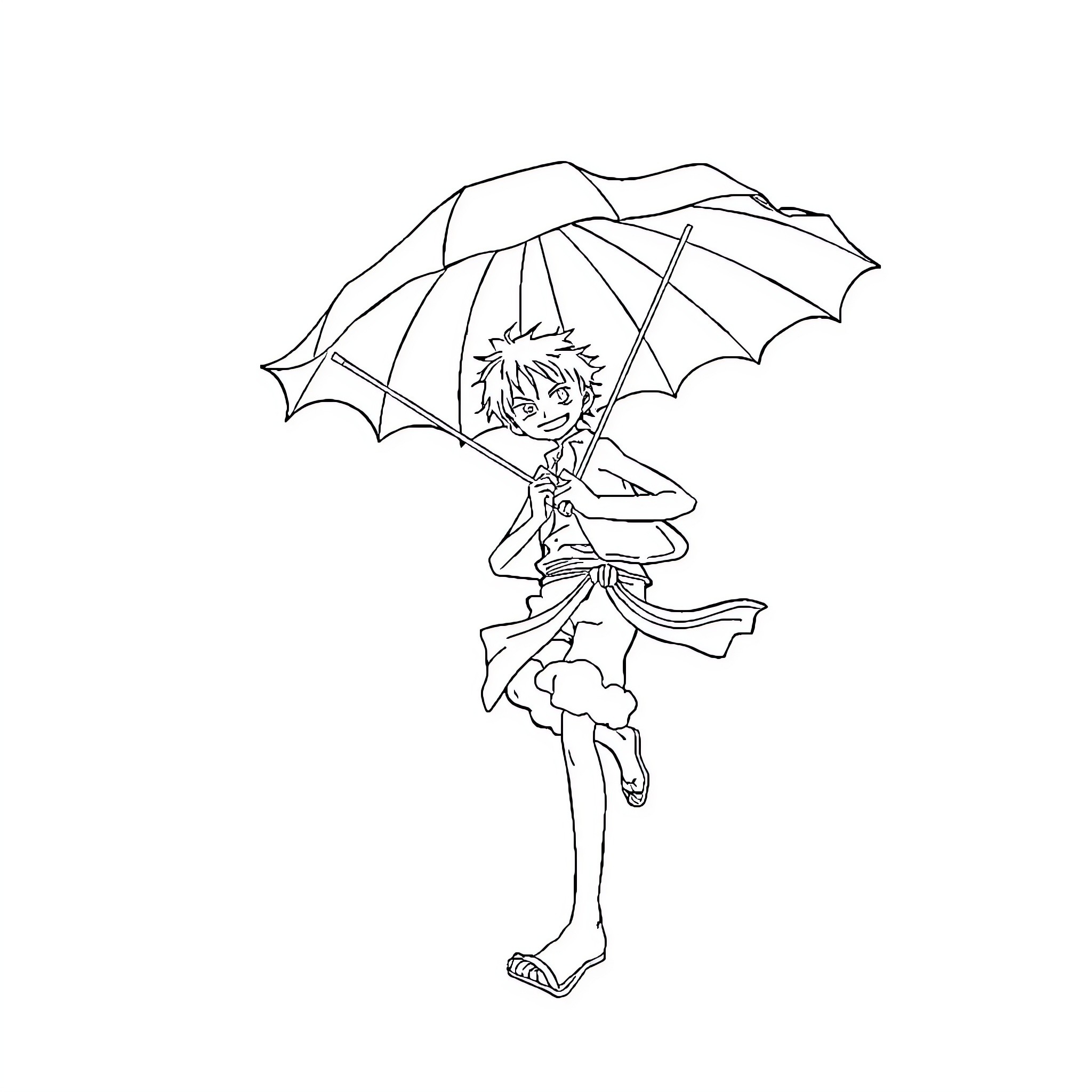 Luffy joyfully dancing with umbrella Coloring Page (free black-and-white line drawing printable PDF for all, from beginners to advanced learners, including children, teens, adults, and seniors)