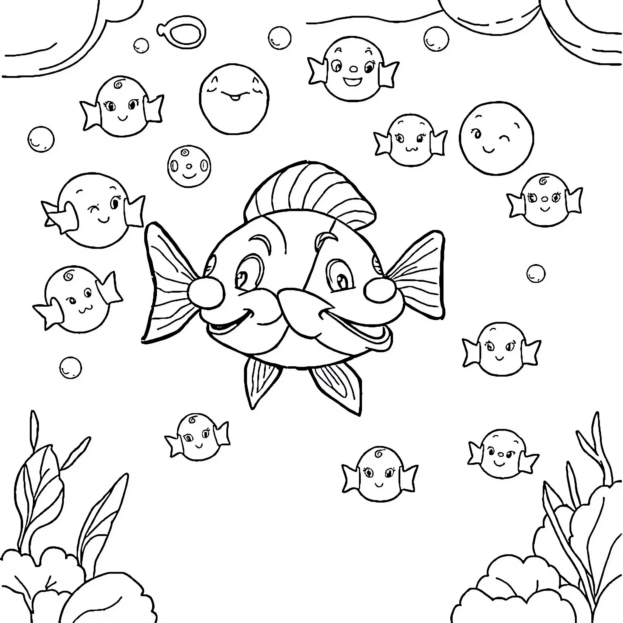Clownfish playing happily with friends underwater Coloring Page (free black-and-white line drawing printable PDF for all, from beginners to advanced learners, including children, teens, adults, and seniors)