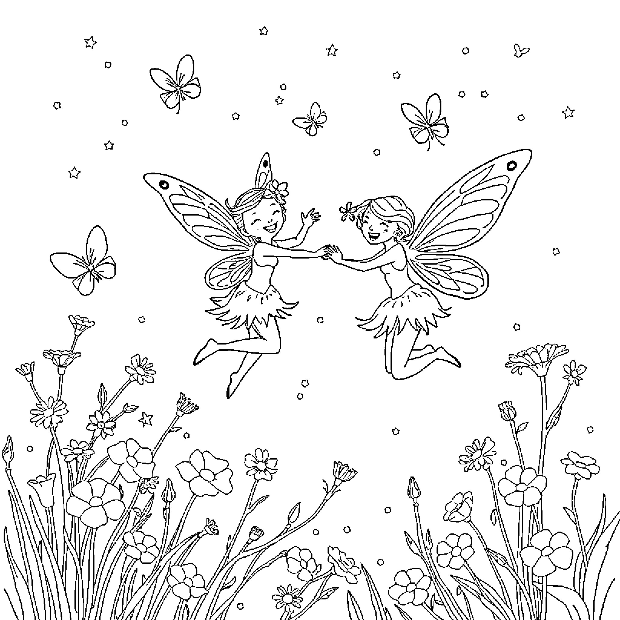 Fairy friends frolicking in the floral field Coloring Page (free black-and-white line drawing printable PDF for all, from beginners to advanced learners, including children, teens, adults, and seniors)