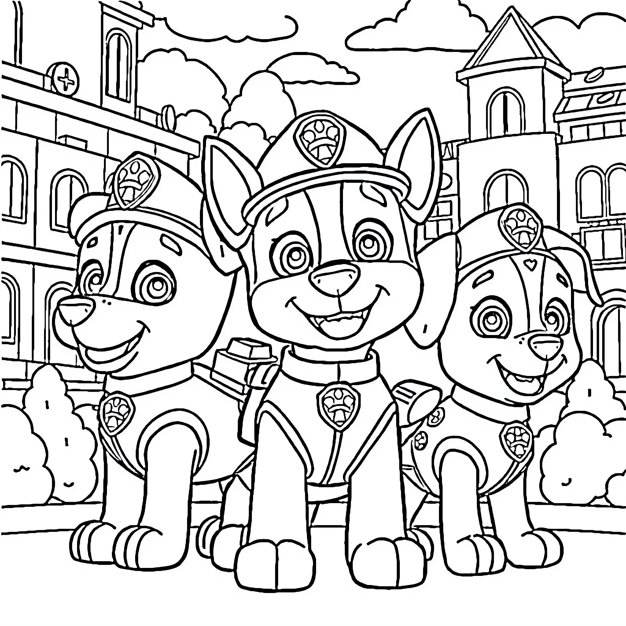 Paw Patrol characters in an action-packed scene Coloring Page (free black-and-white line drawing printable PDF for all, from beginners to advanced learners, including children, teens, adults, and seniors)