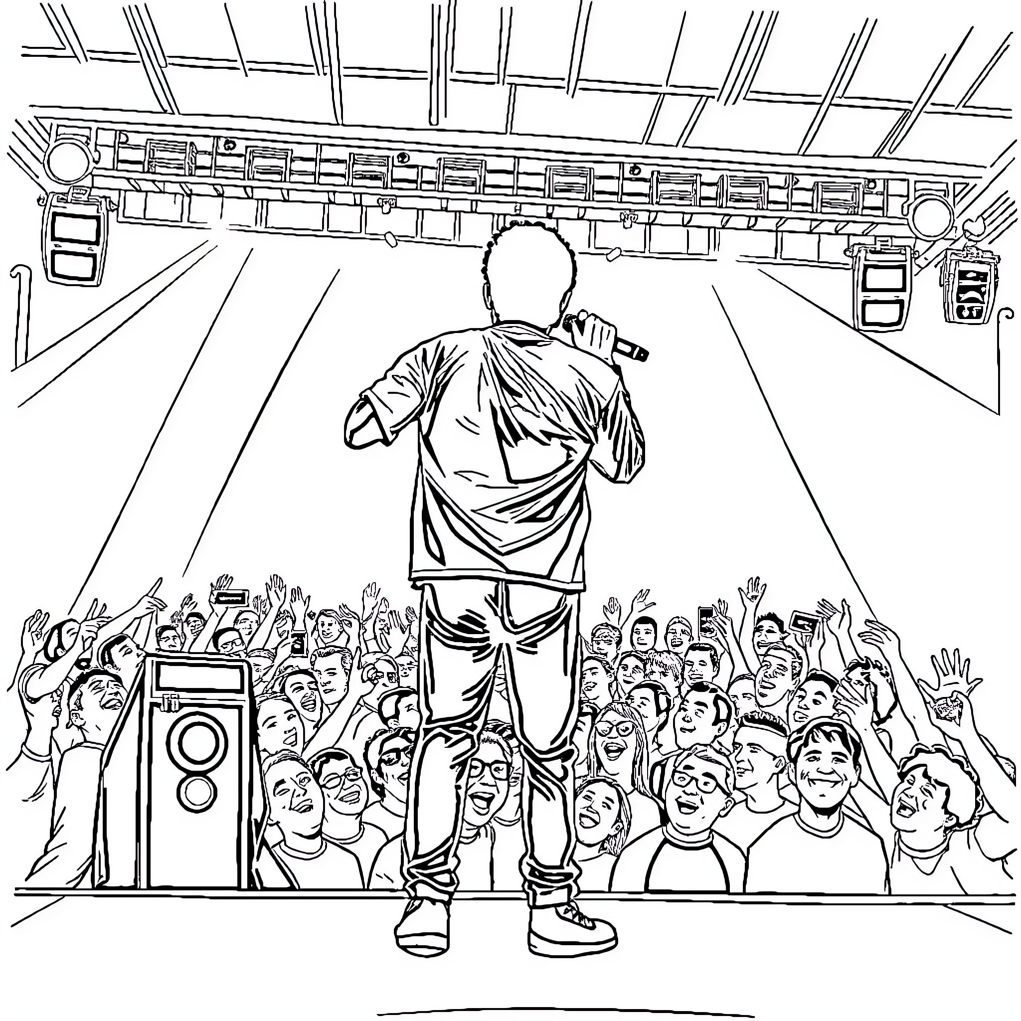 Childish Gambino Captivating Crowd on Stage Coloring Page (free black-and-white line drawing printable PDF for all, from beginners to advanced learners, including children, teens, adults, and seniors)