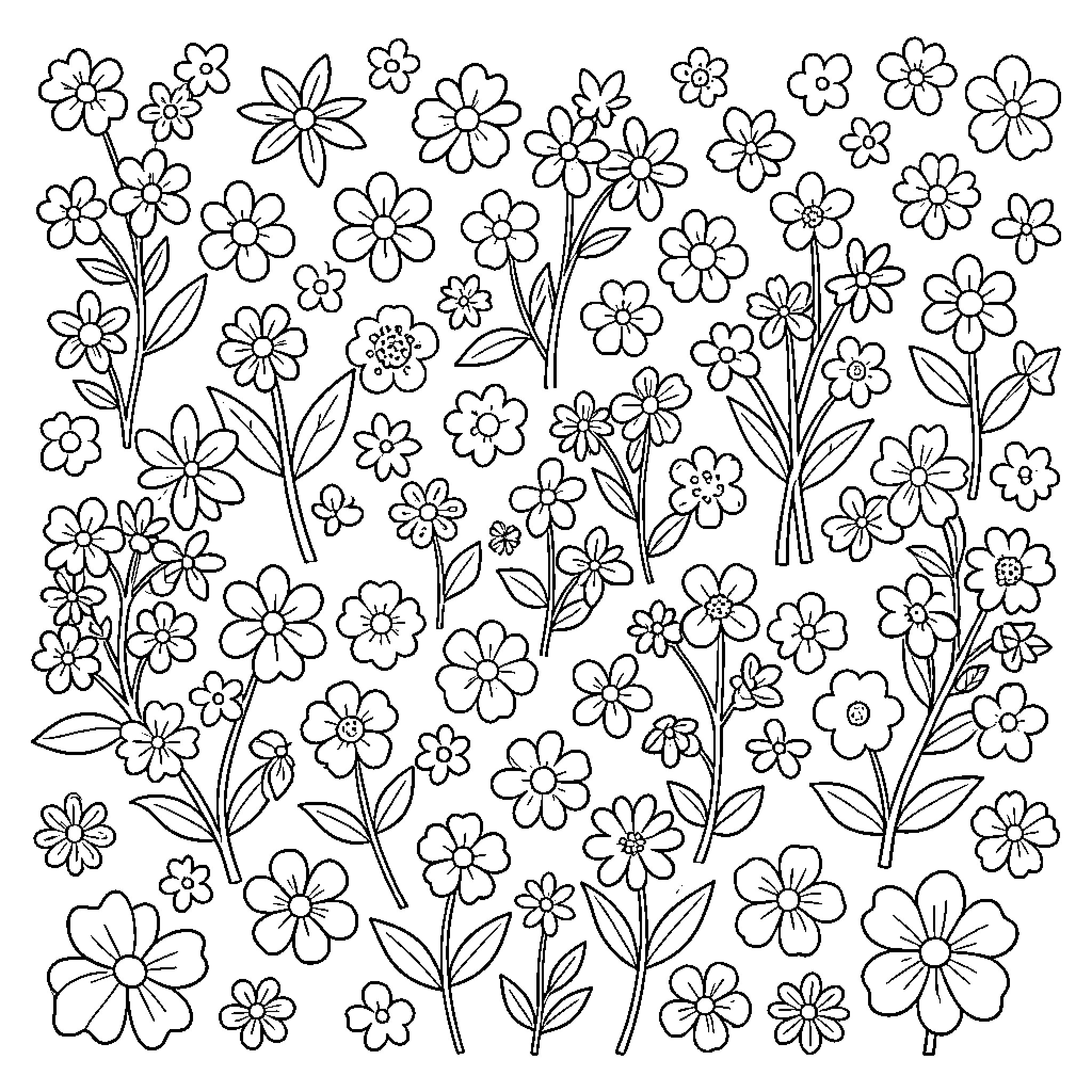 Flower garden with delicate blooms Coloring Page (free black-and-white line drawing printable PDF for all, from beginners to advanced learners, including children, teens, adults, and seniors)