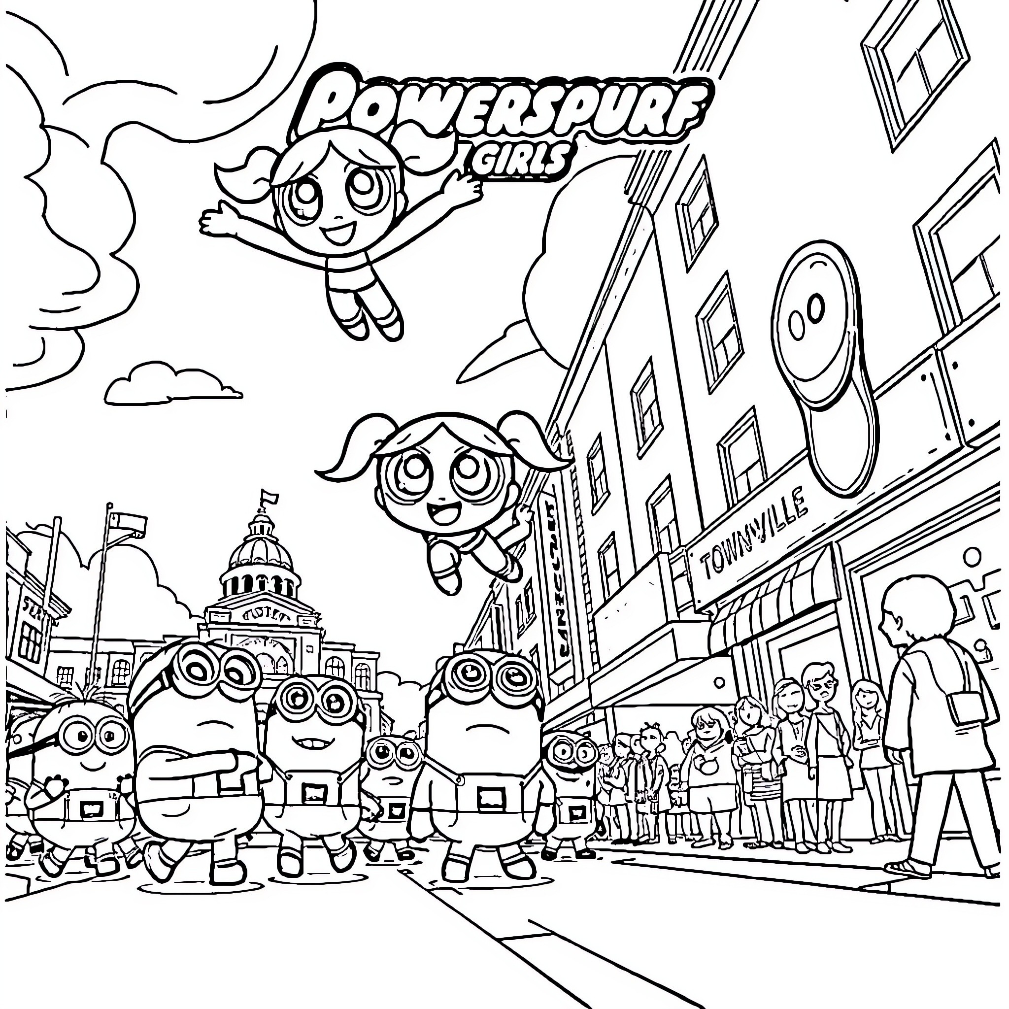 Powerpuff Girls flying above city streets Coloring Page (free black-and-white line drawing printable PDF for all, from beginners to advanced learners, including children, teens, adults, and seniors)