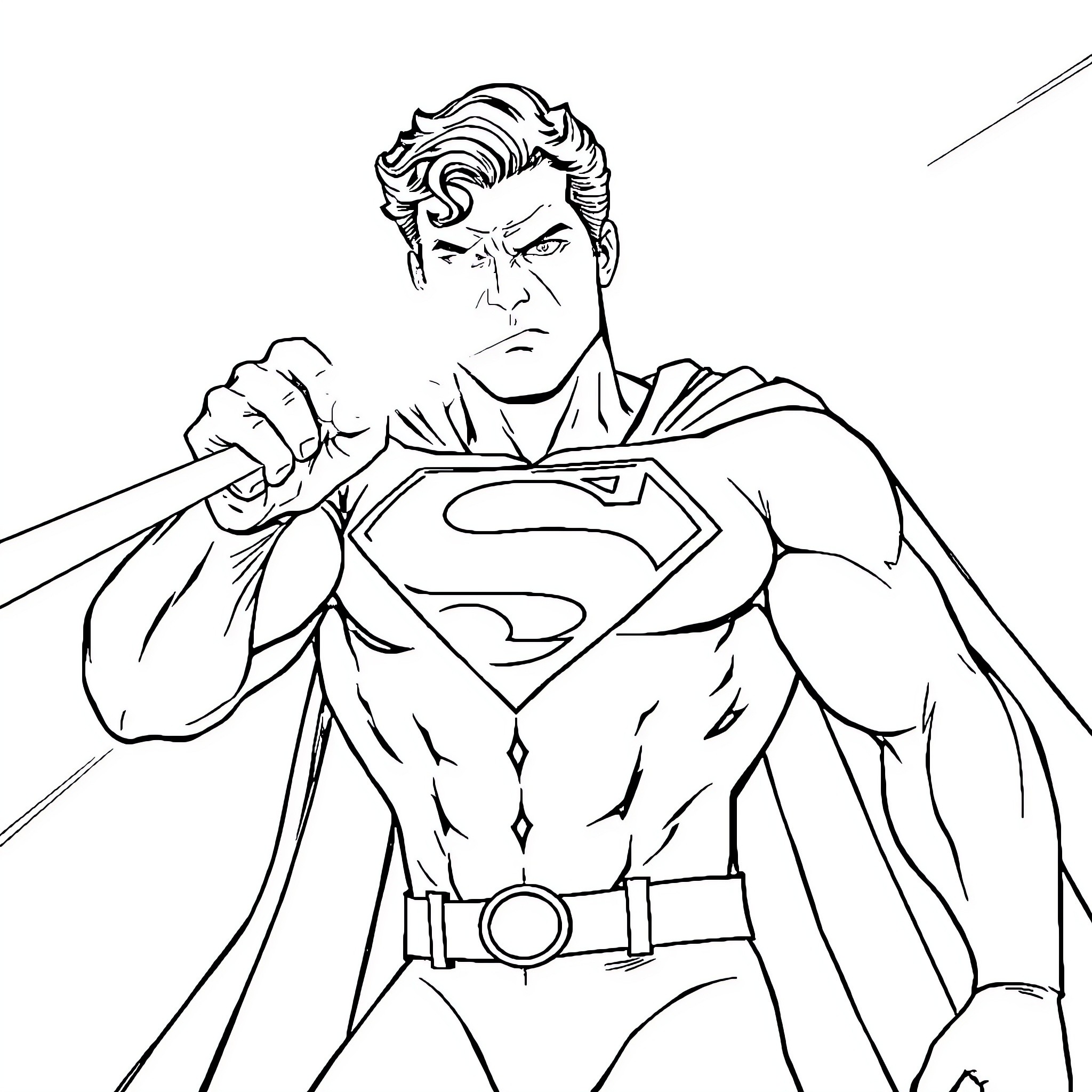 Superman heroically posed with strong determination Coloring Page (free black-and-white line drawing printable PDF for all, from beginners to advanced learners, including children, teens, adults, and seniors)